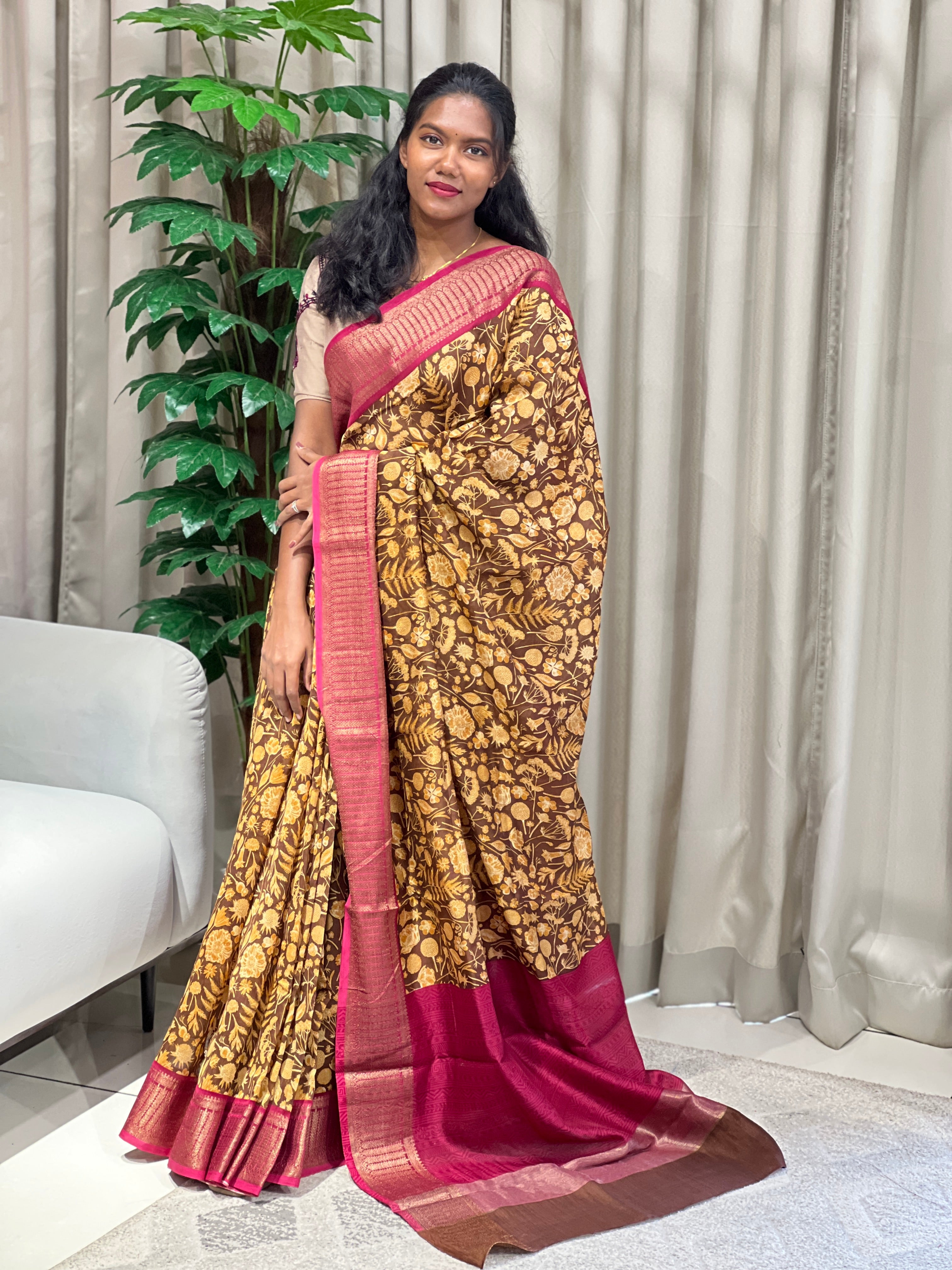 Floral and Leaf Printed Chanderi Saree | RGD952R