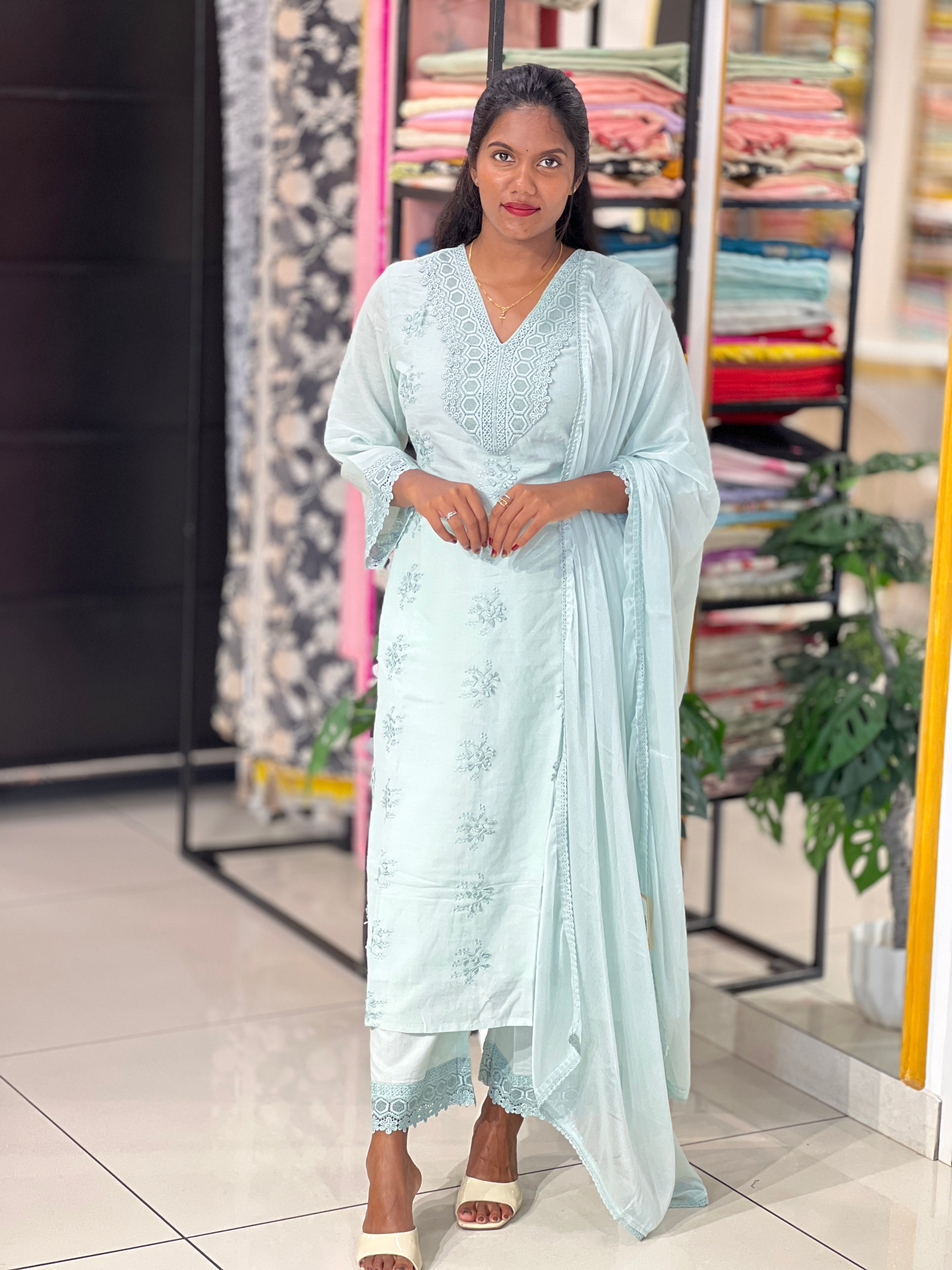 Floral Machine Embroidery Chanderi Kurta Set | FW408