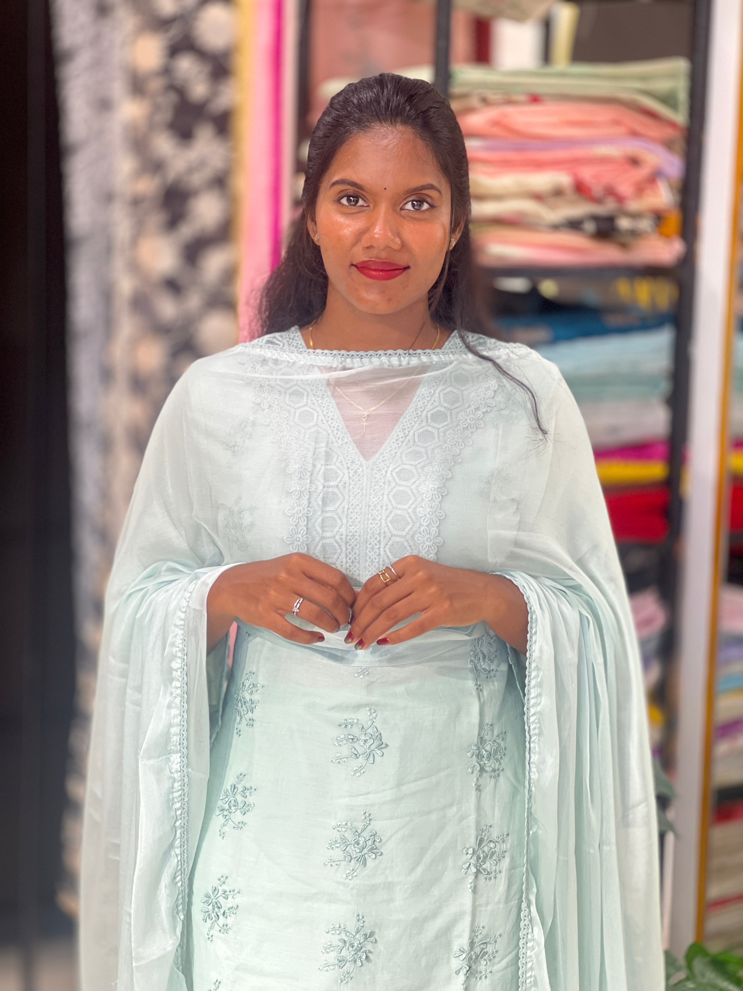 Floral Machine Embroidery Chanderi Kurta Set | FW408