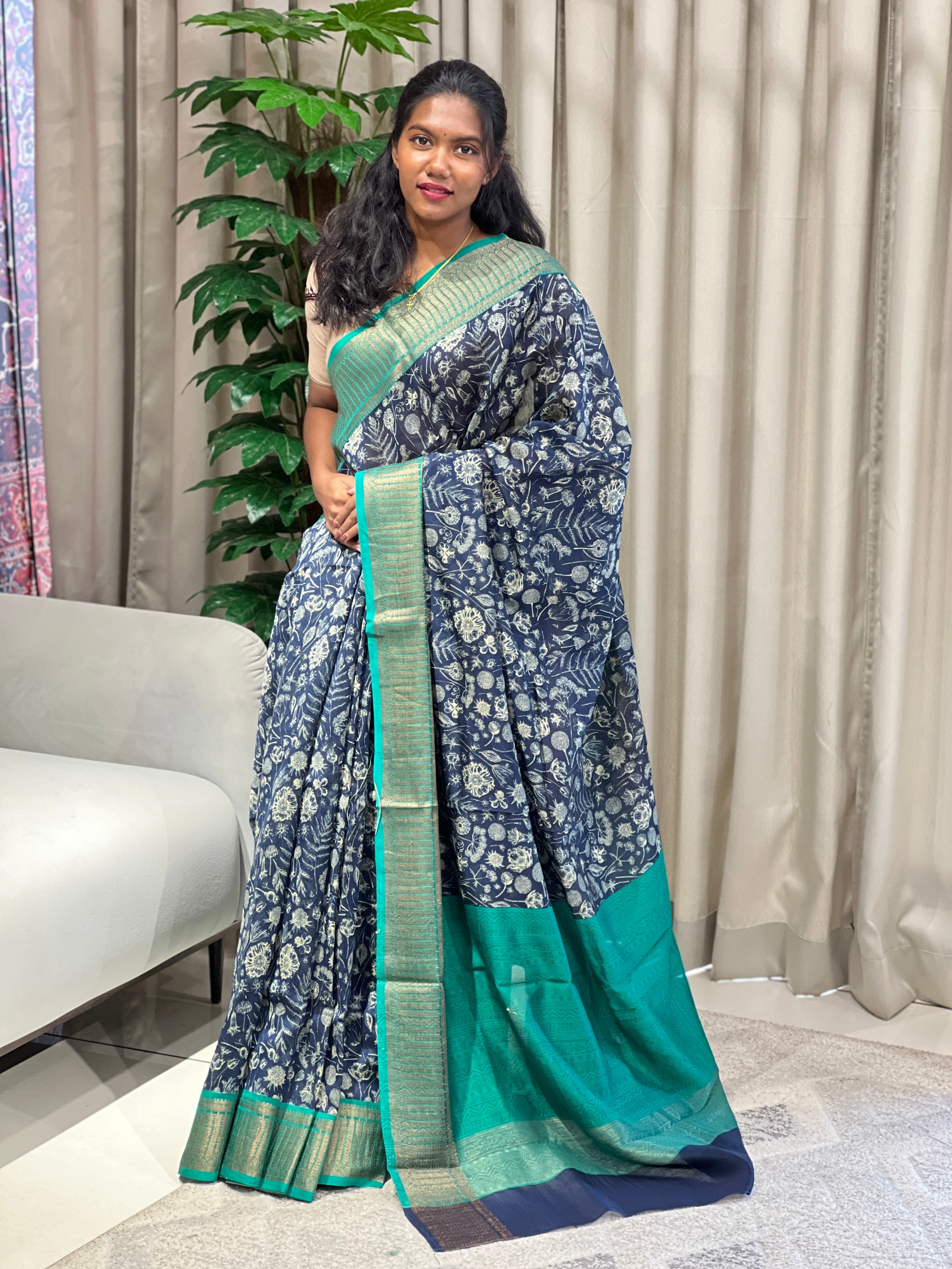 Floral and Leaf Printed Chanderi Saree | RGD949R