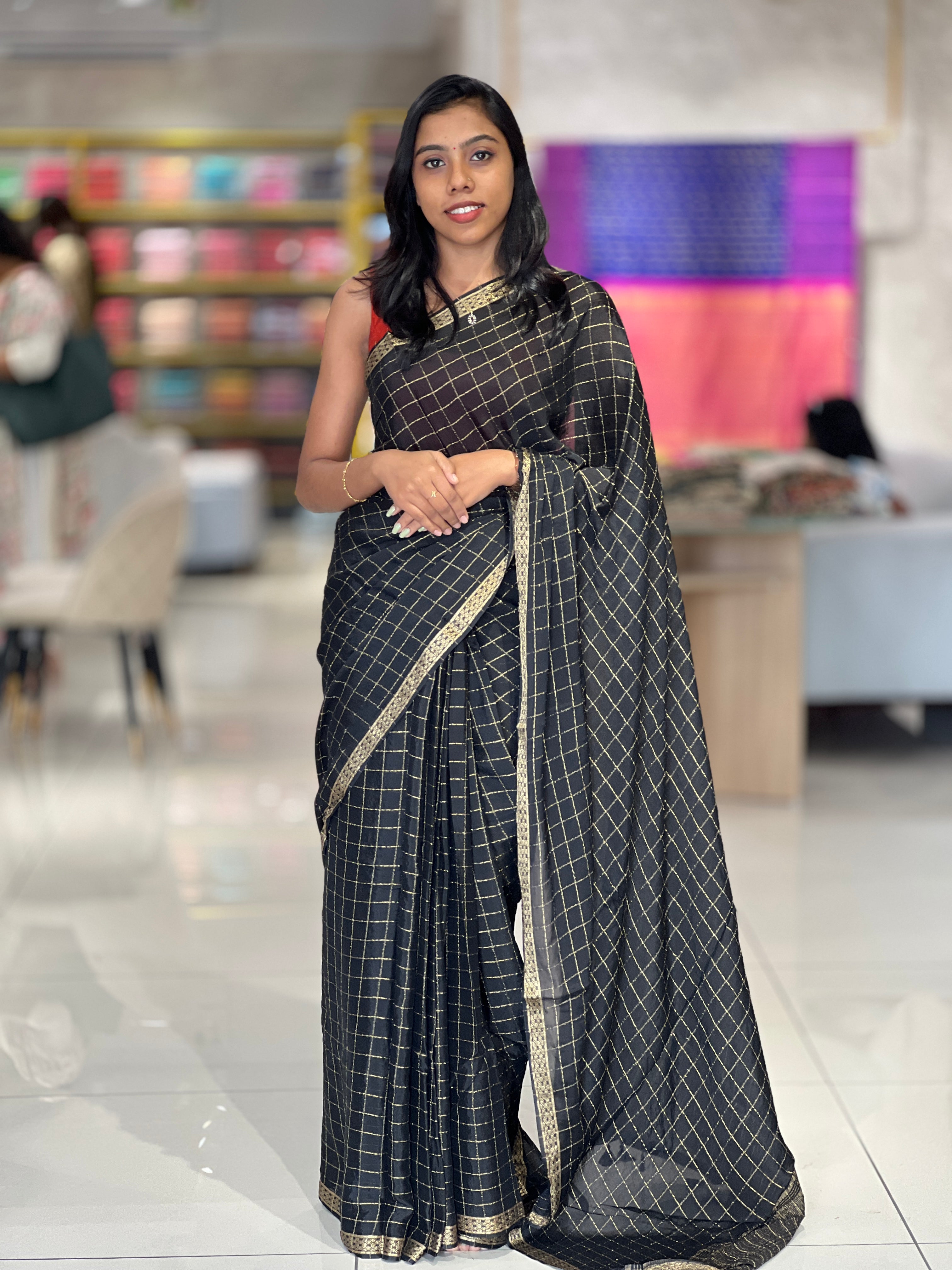 Zari Check Weaving Pattern Crispy Georgette Saree | DVS157