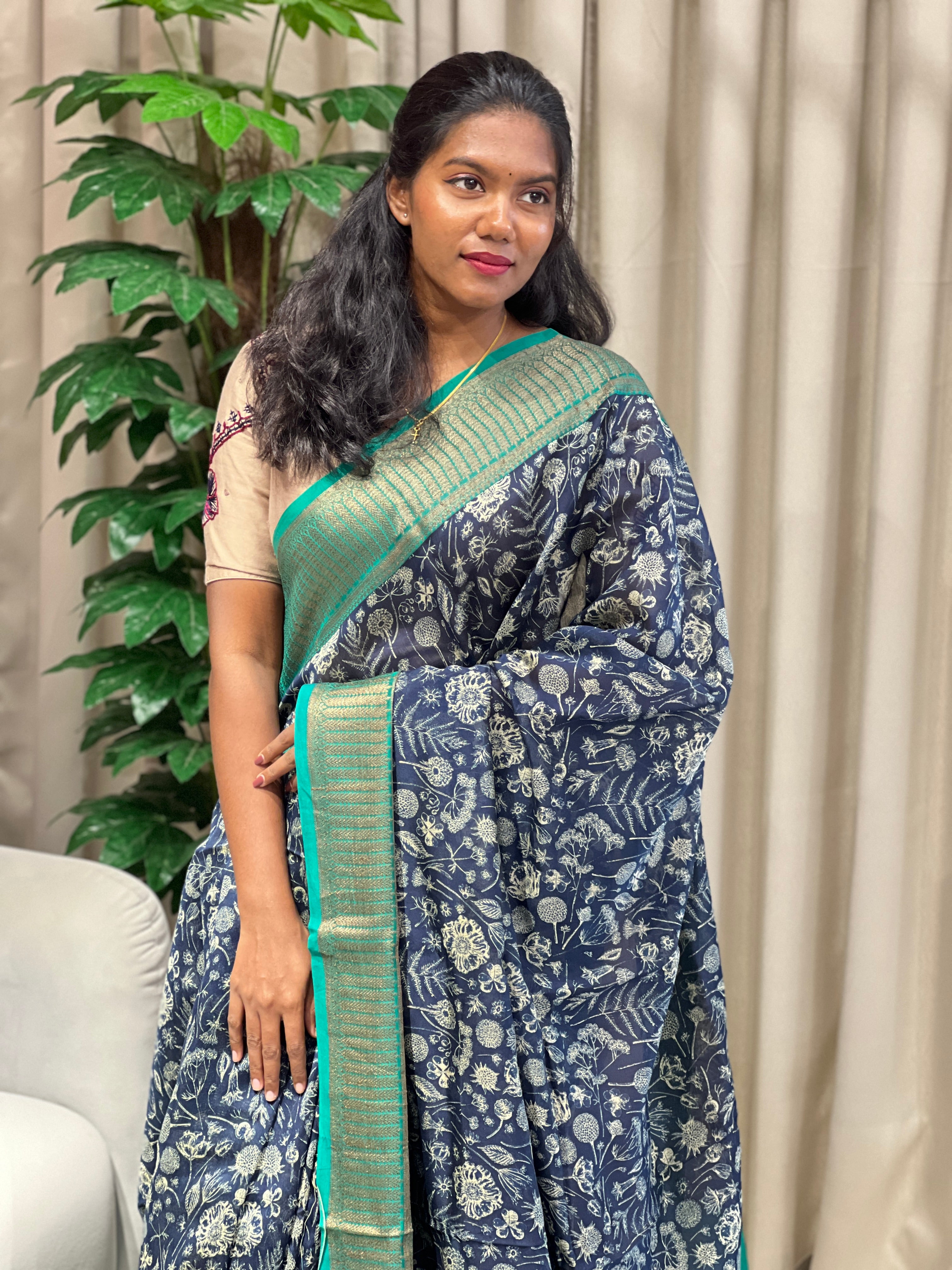 Floral and Leaf Printed Chanderi Saree | RGD949R