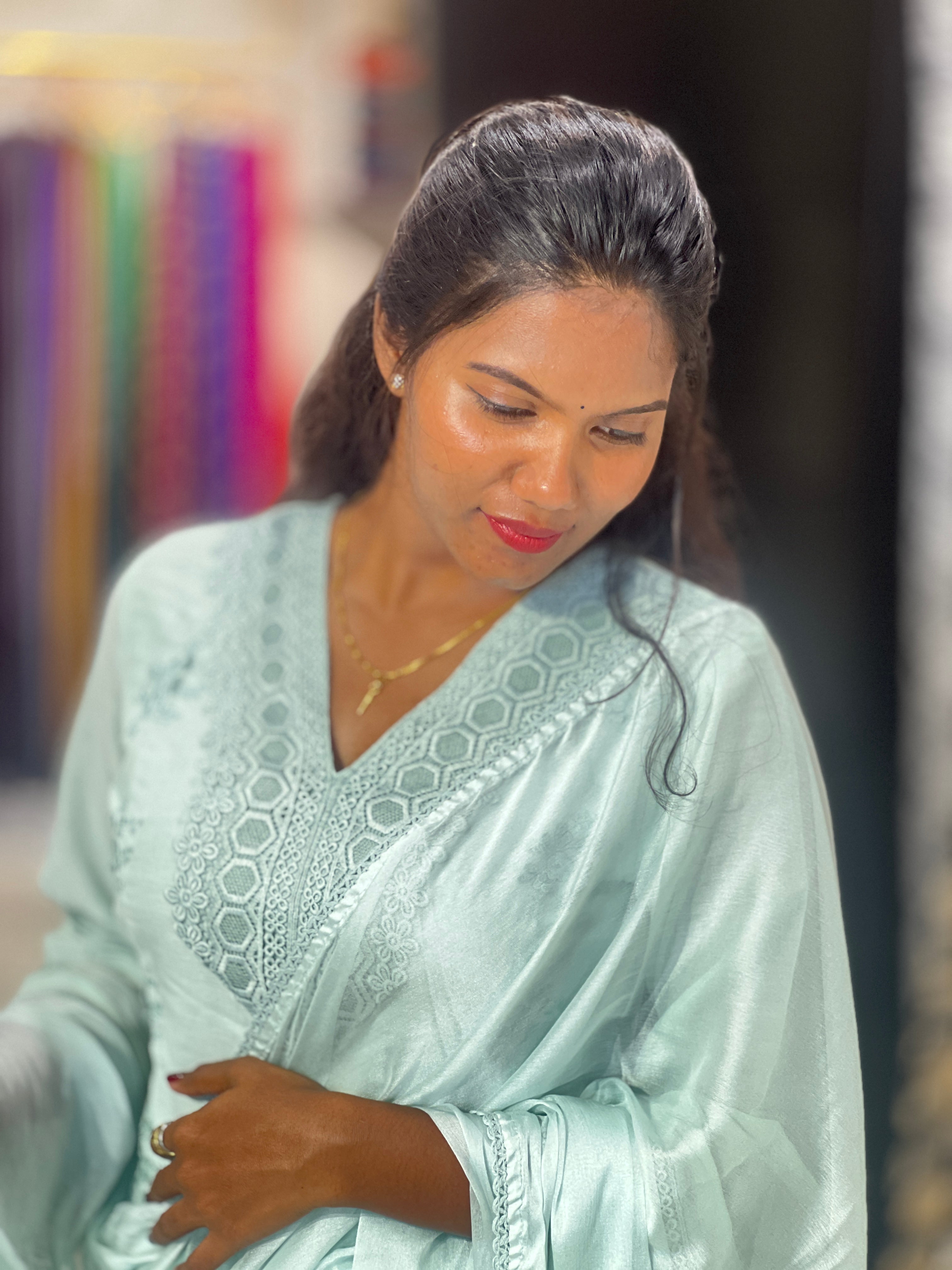 Floral Machine Embroidery Chanderi Kurta Set | FW408