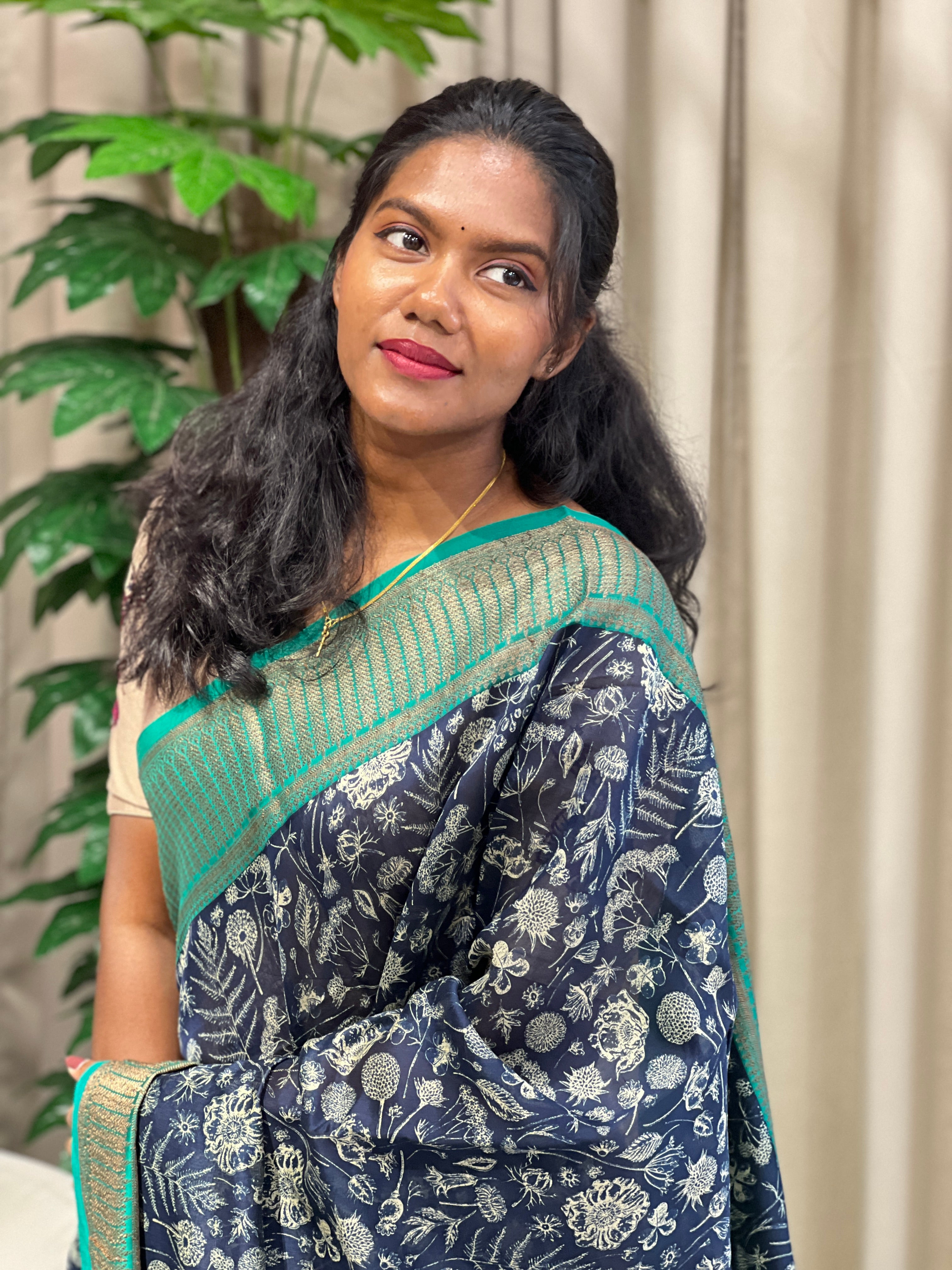 Floral and Leaf Printed Chanderi Saree | RGD949R