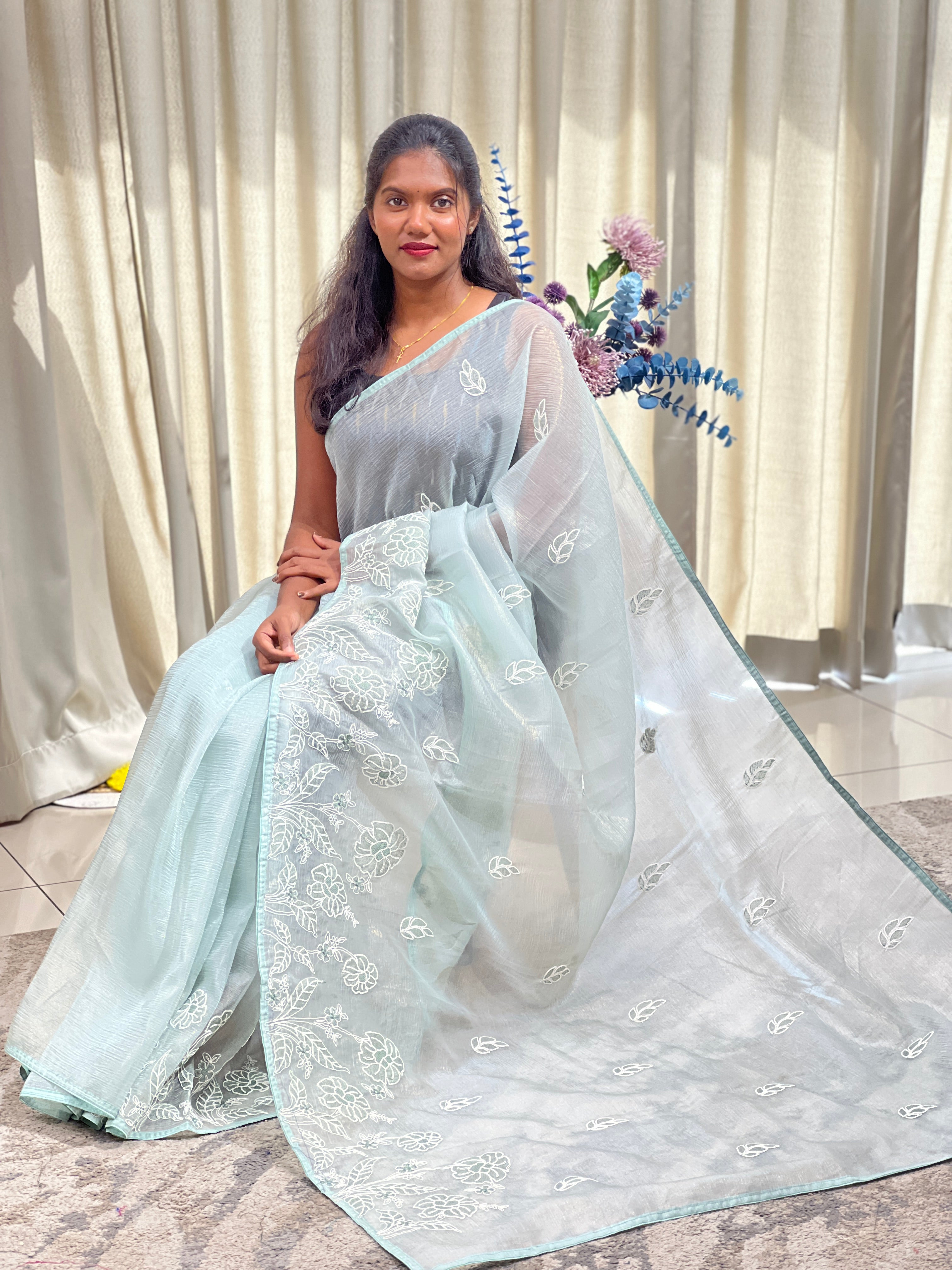 Coded Embroidered Curshed Organza Saree | YNG1801