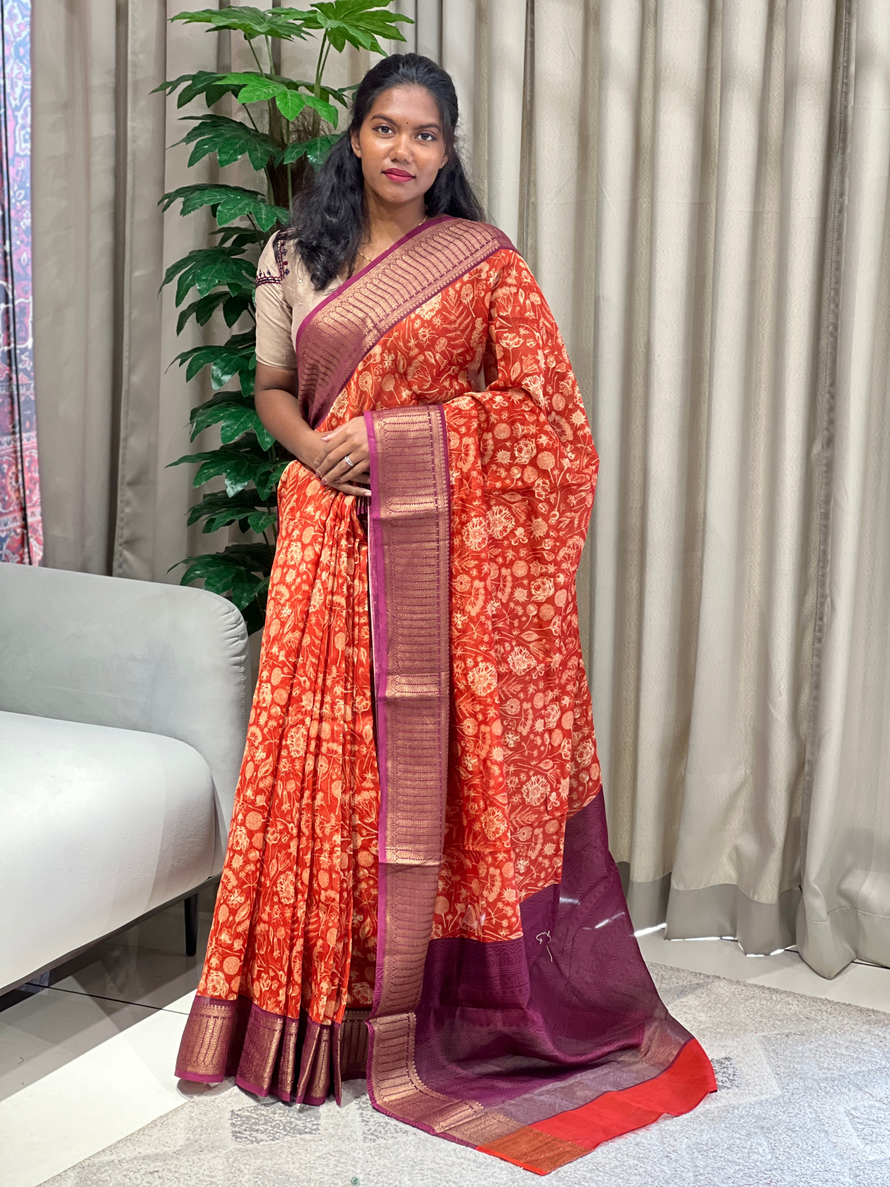 Floral and Leaf Printed Chanderi Saree | RGD950R
