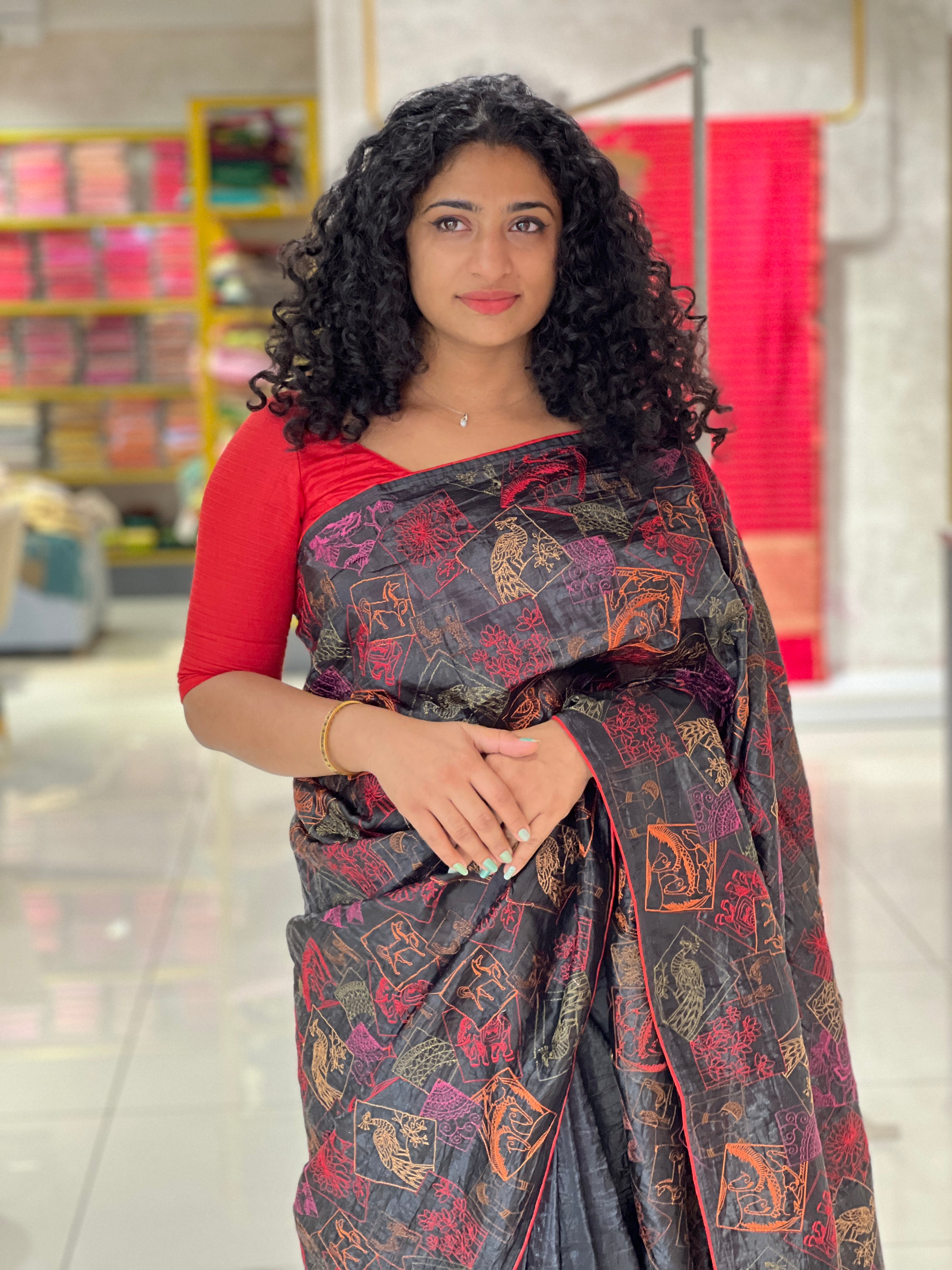 Multi-Color Thread Embroidery Glass Organza Saree | SHC194