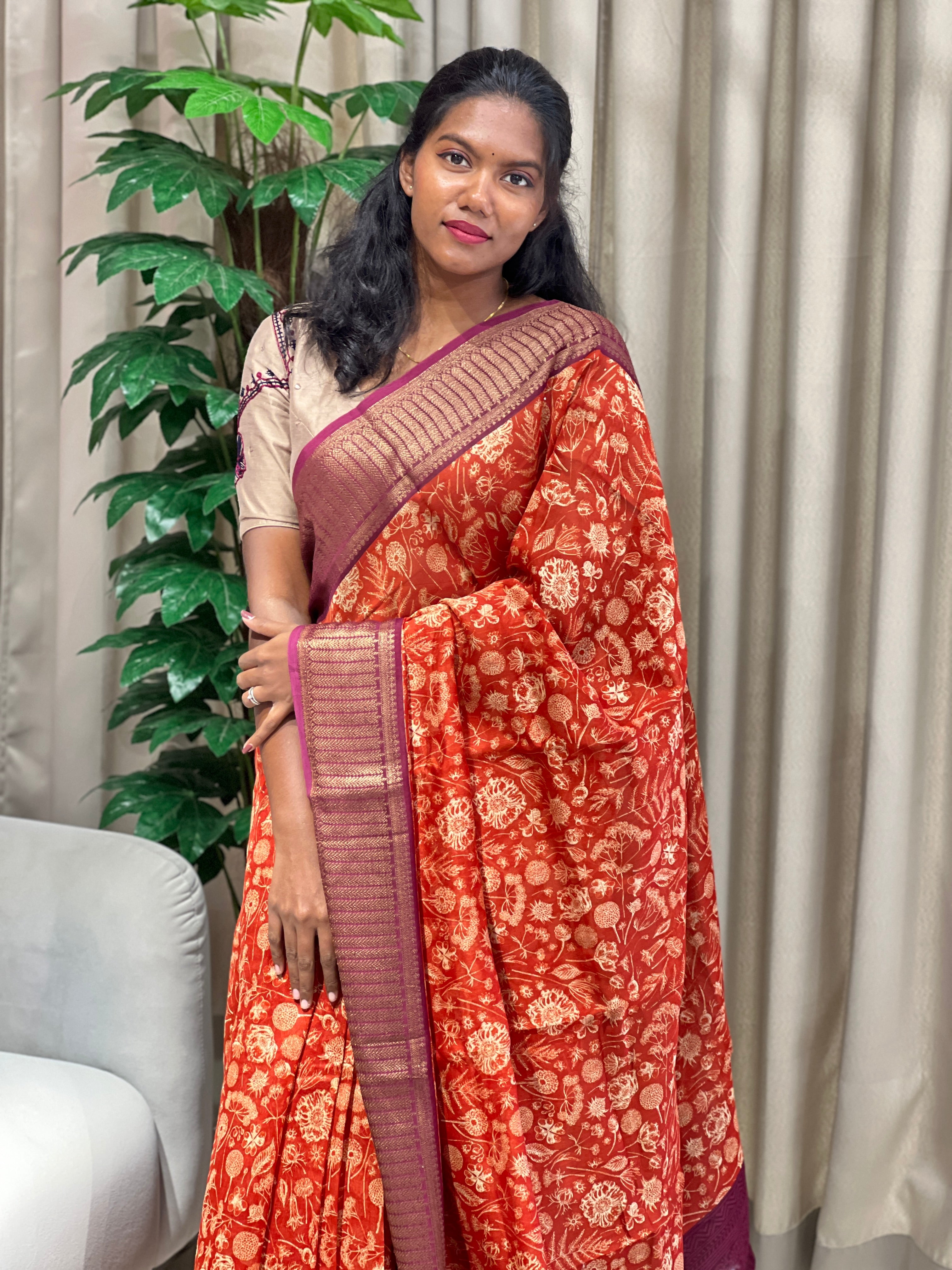 Floral and Leaf Printed Chanderi Saree | RGD950R