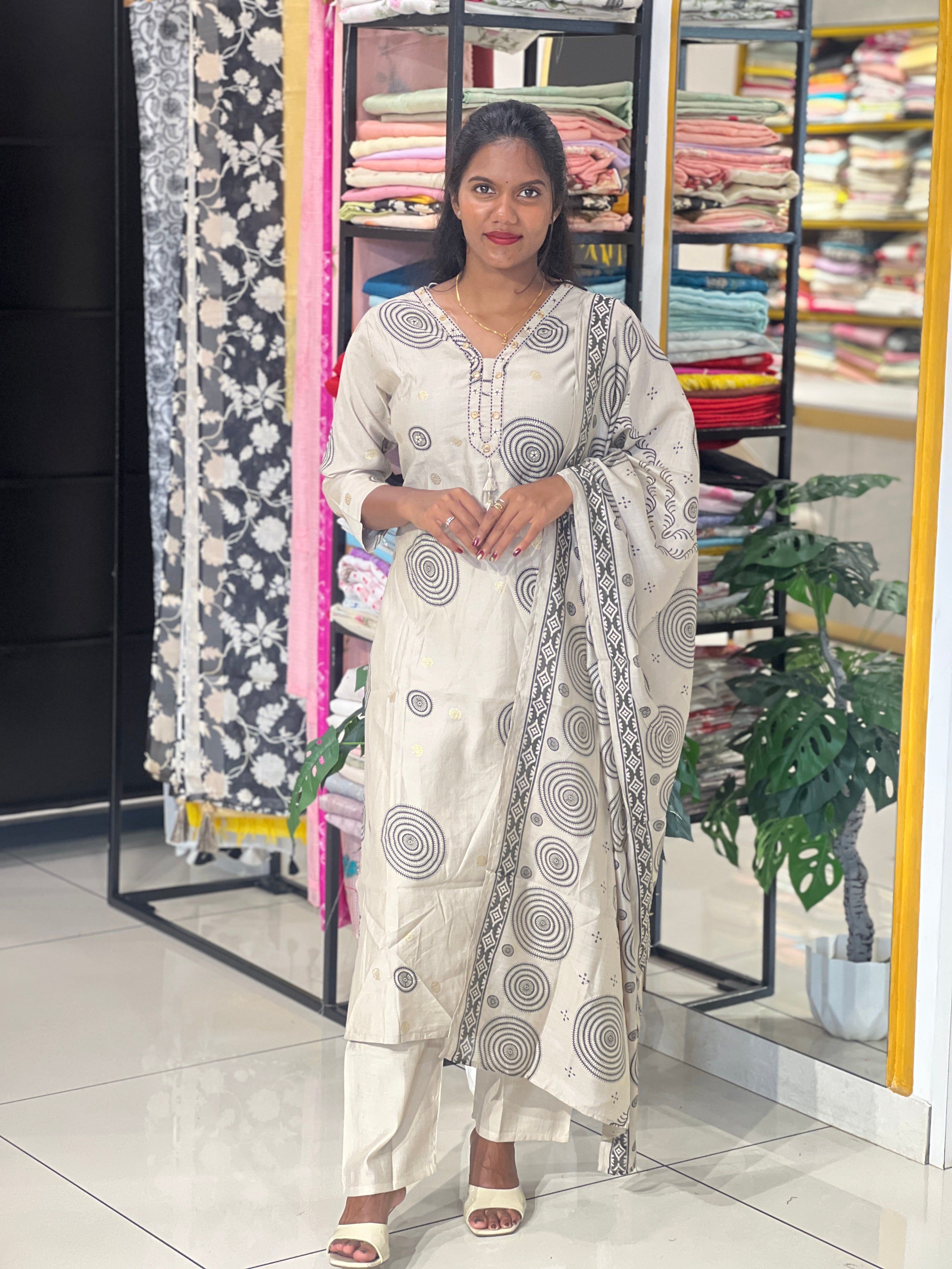 Geometrical Printed Pattern Slub Cotton Kurta Set | FW412