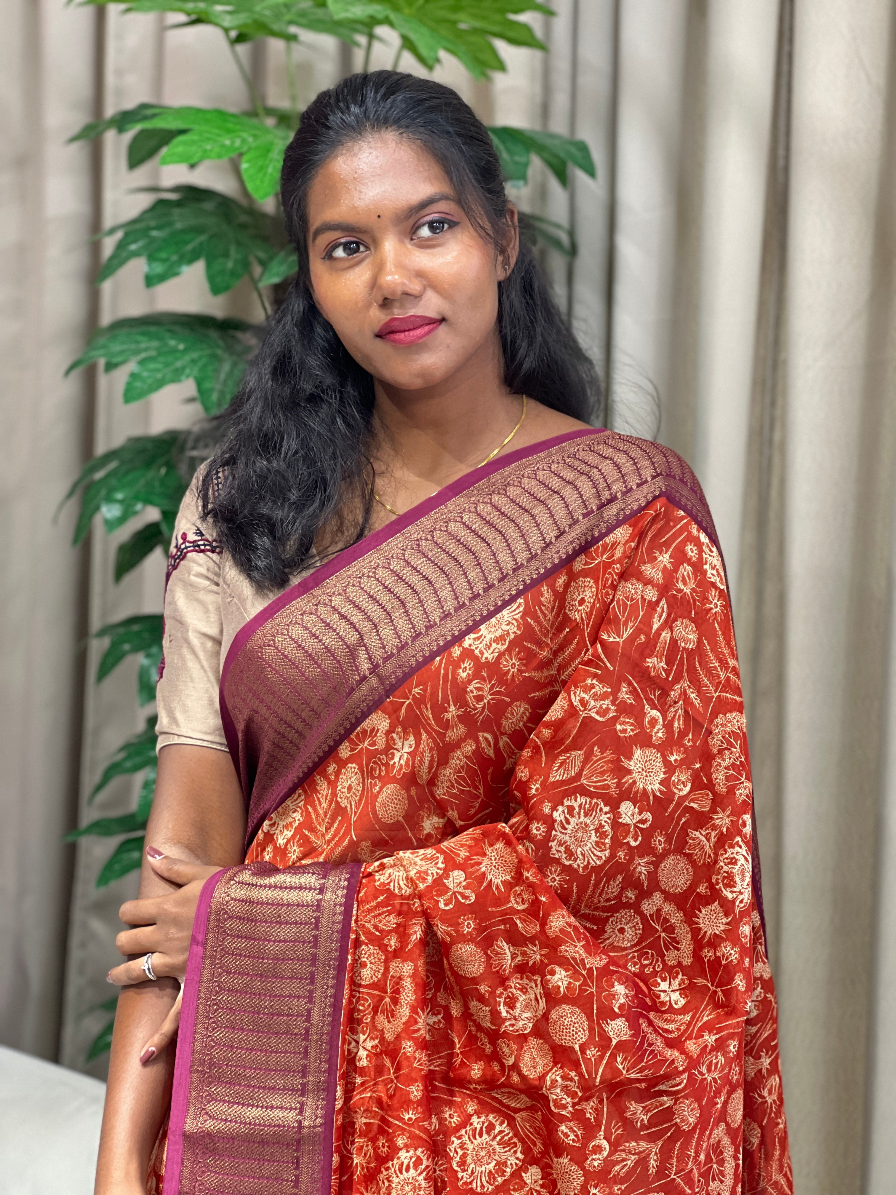 Floral and Leaf Printed Chanderi Saree | RGD950R