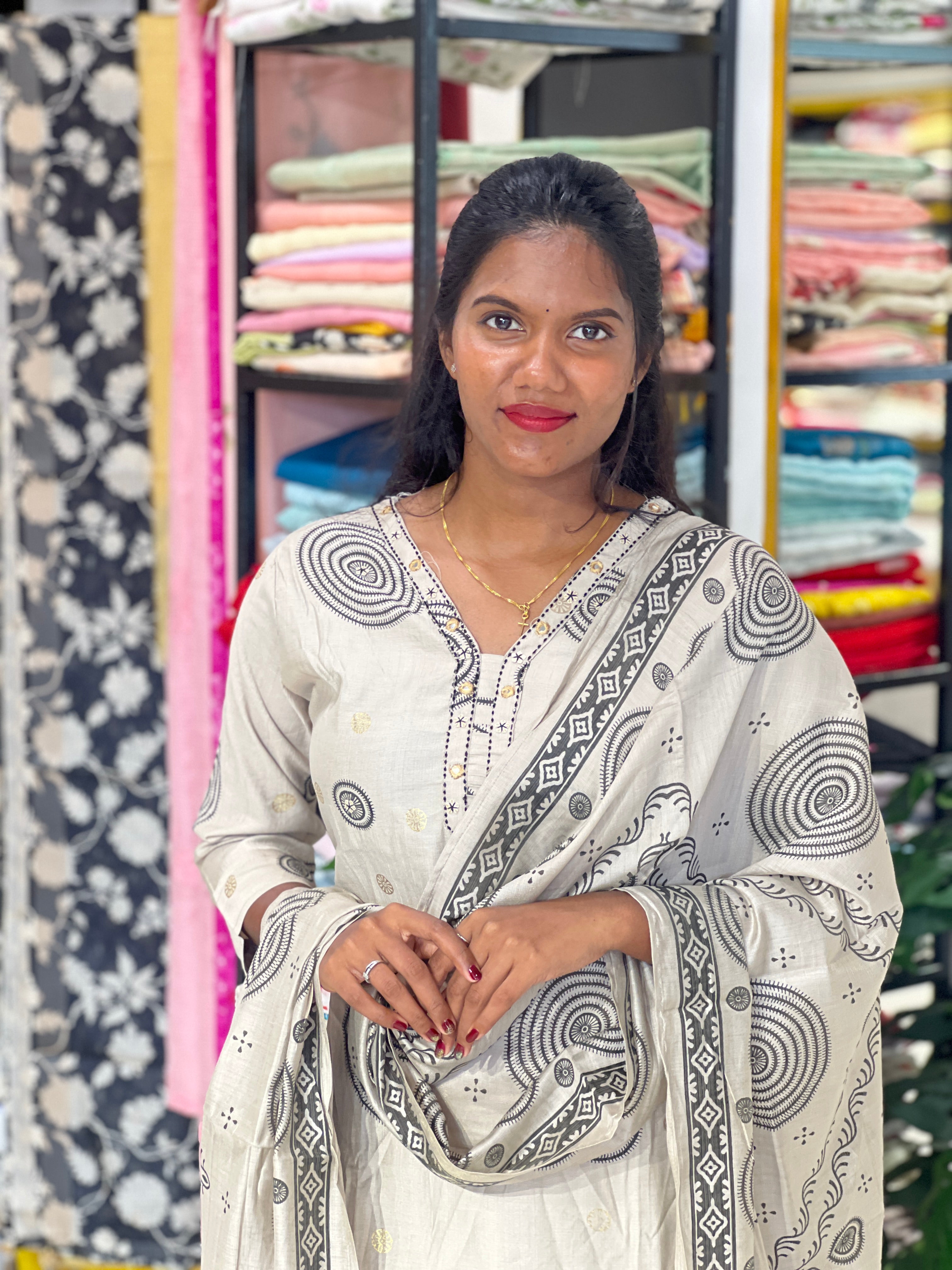 Geometrical Printed Pattern Slub Cotton Kurta Set | FW412