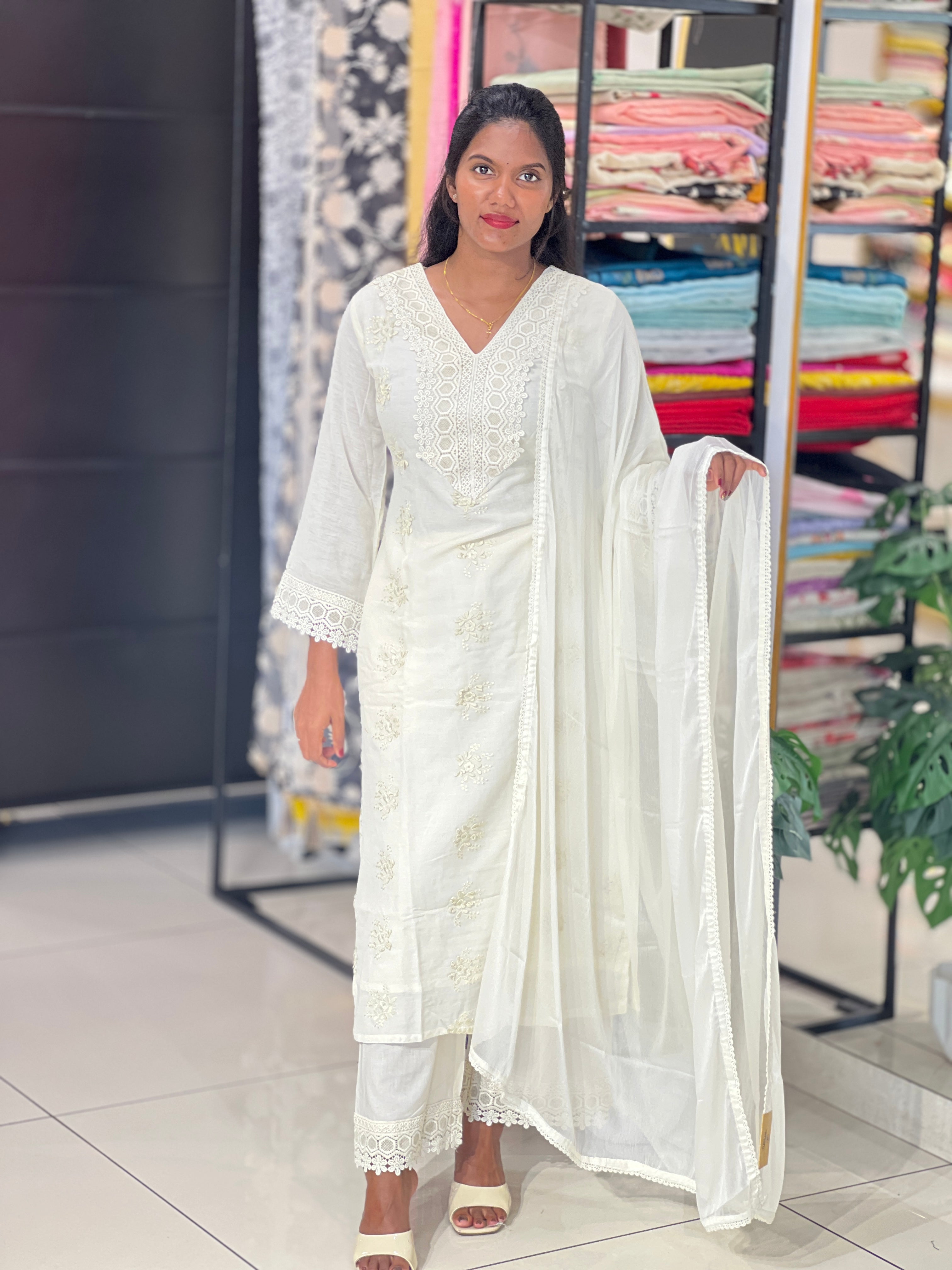 Floral Machine Embroidery Chanderi Kurta Set | FW407