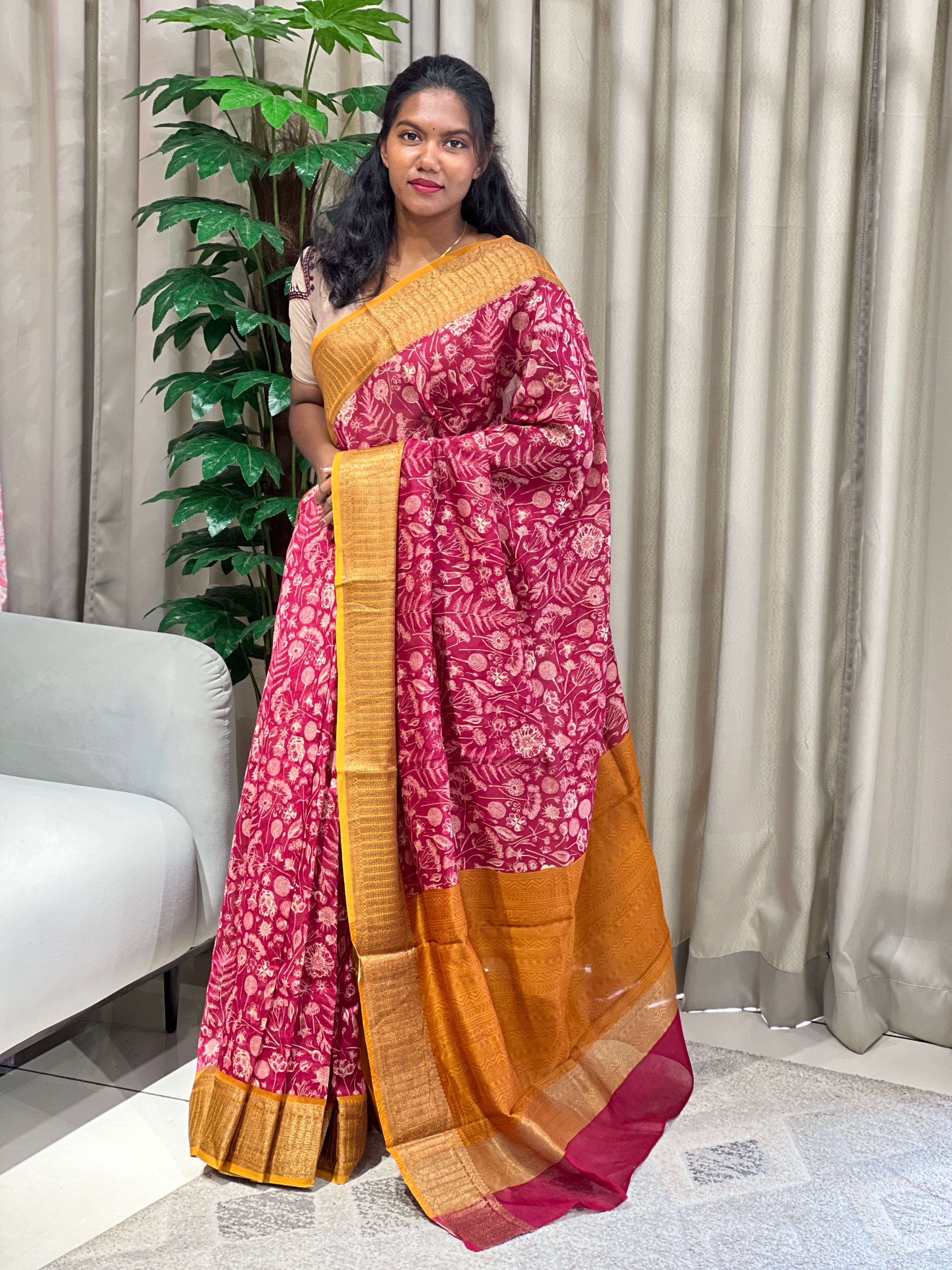 Floral and Leaf Printed Chanderi Saree | RGD951R