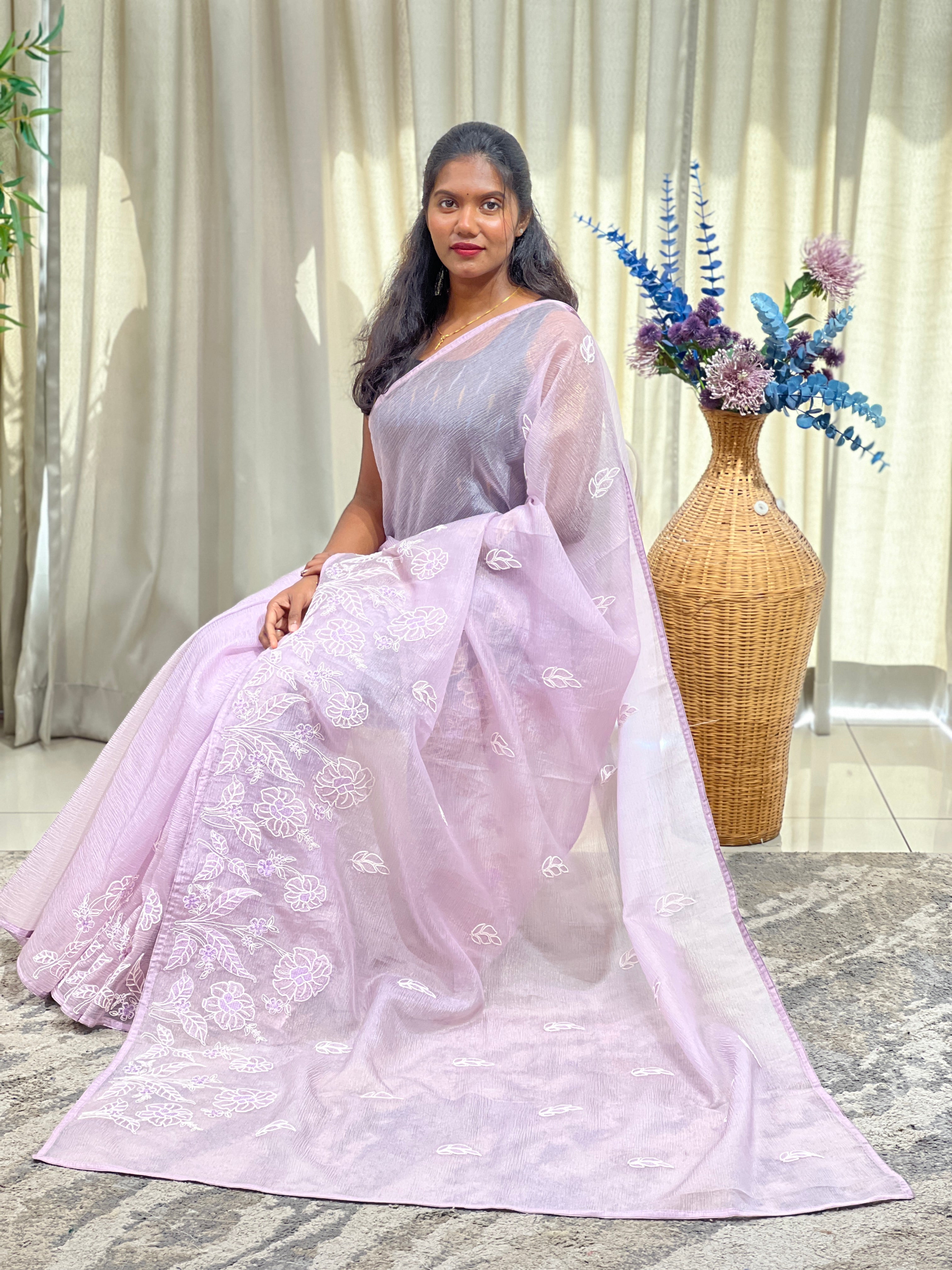 Coded Embroidered Curshed Organza Saree | YNG1799