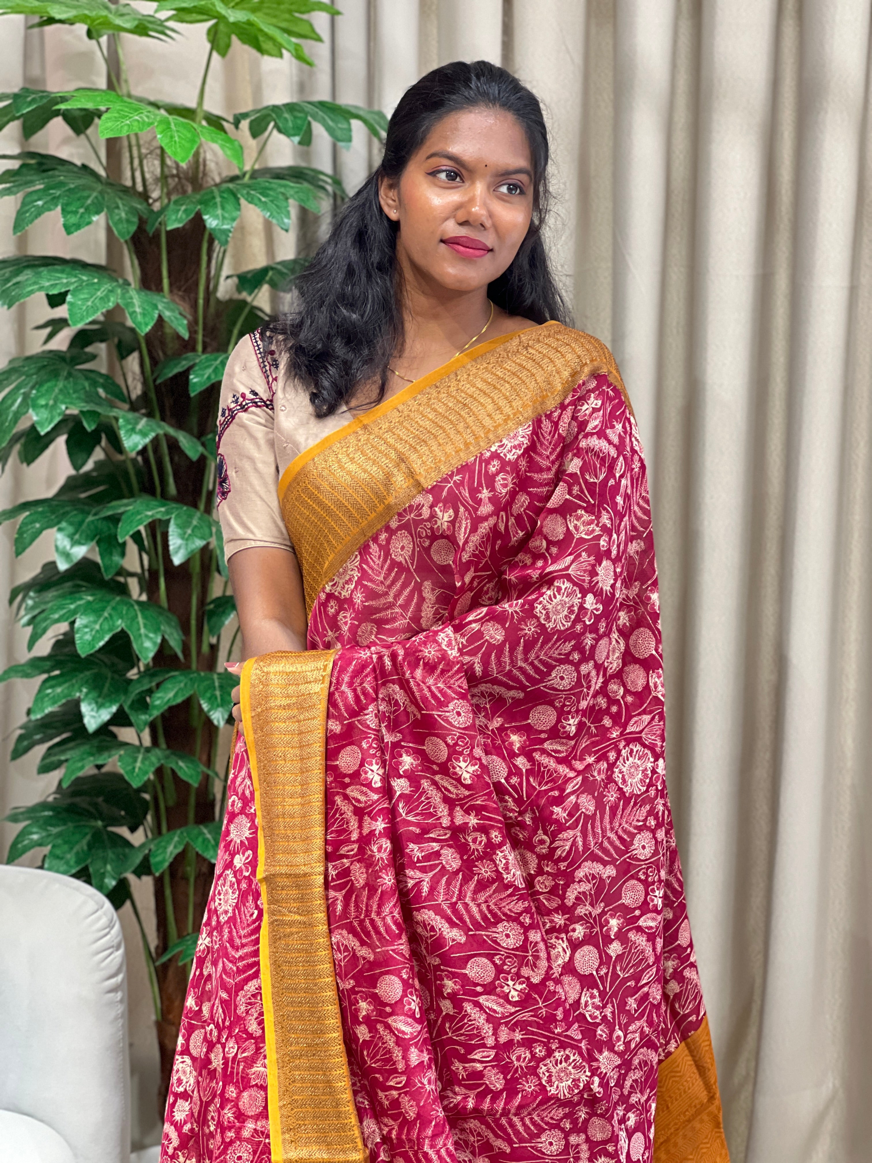 Floral and Leaf Printed Chanderi Saree | RGD951R