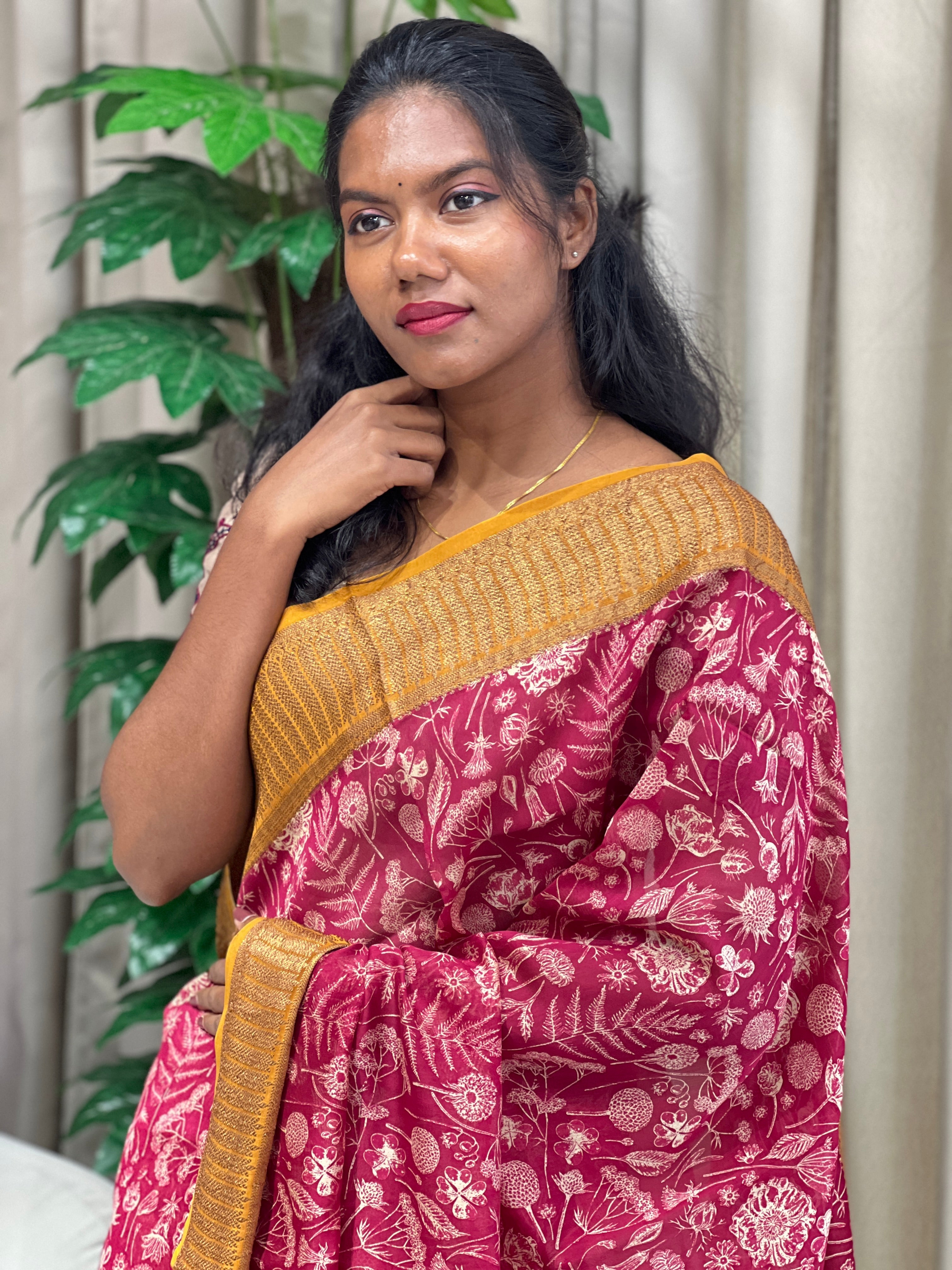 Floral and Leaf Printed Chanderi Saree | RGD951R