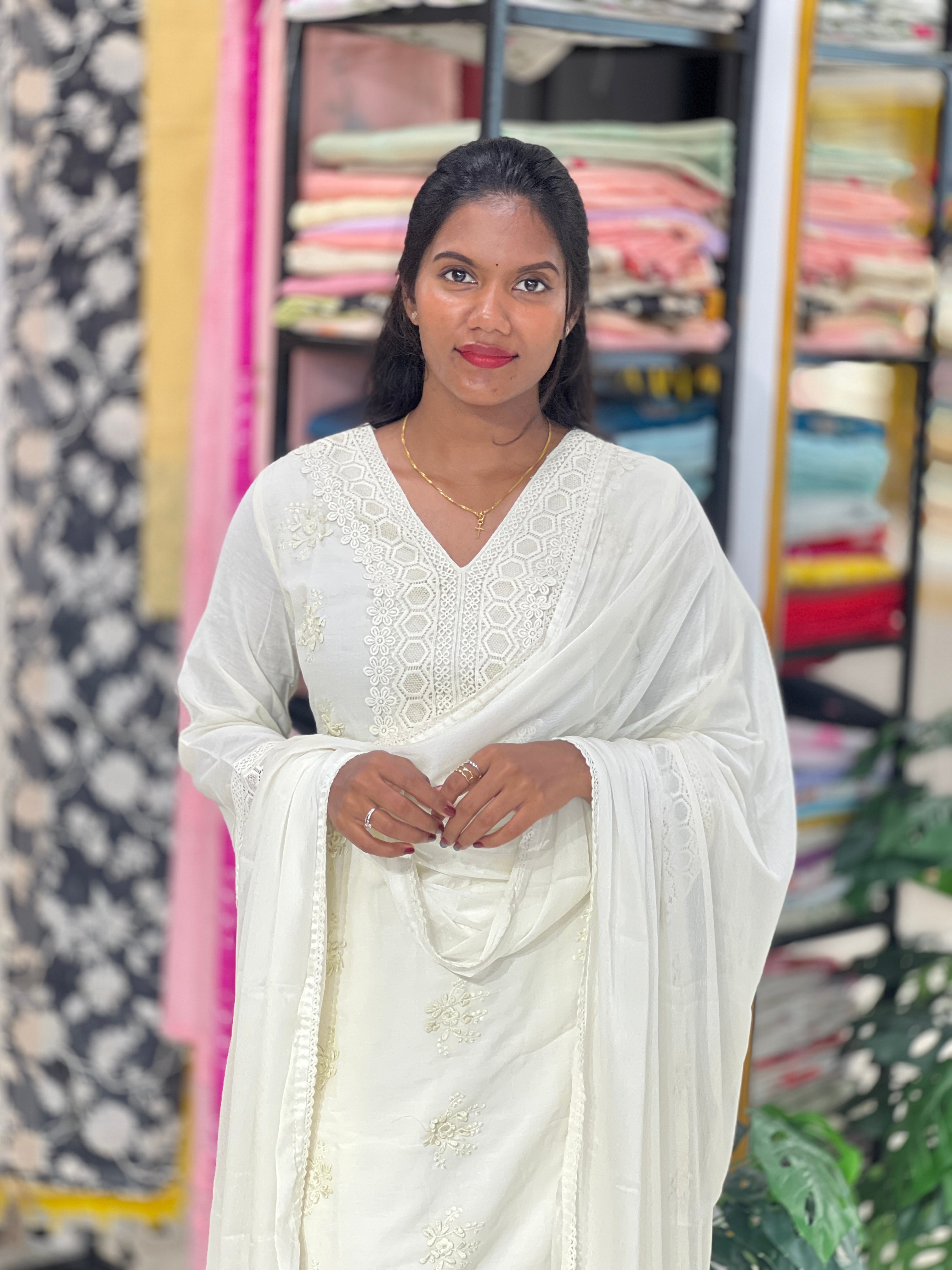 Floral Machine Embroidery Chanderi Kurta Set | FW407