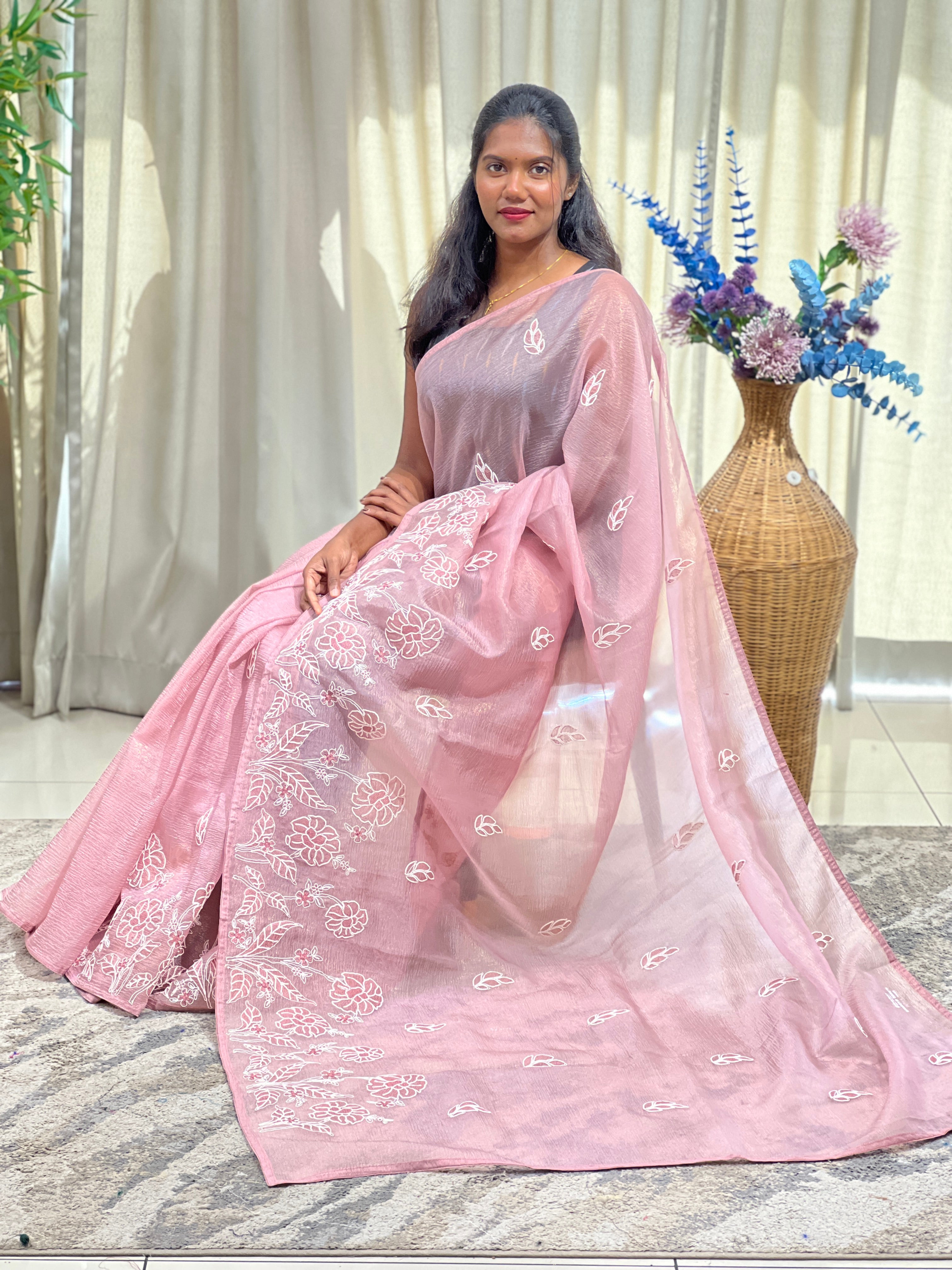 Coded Embroidered Curshed Organza Saree | YNG1798