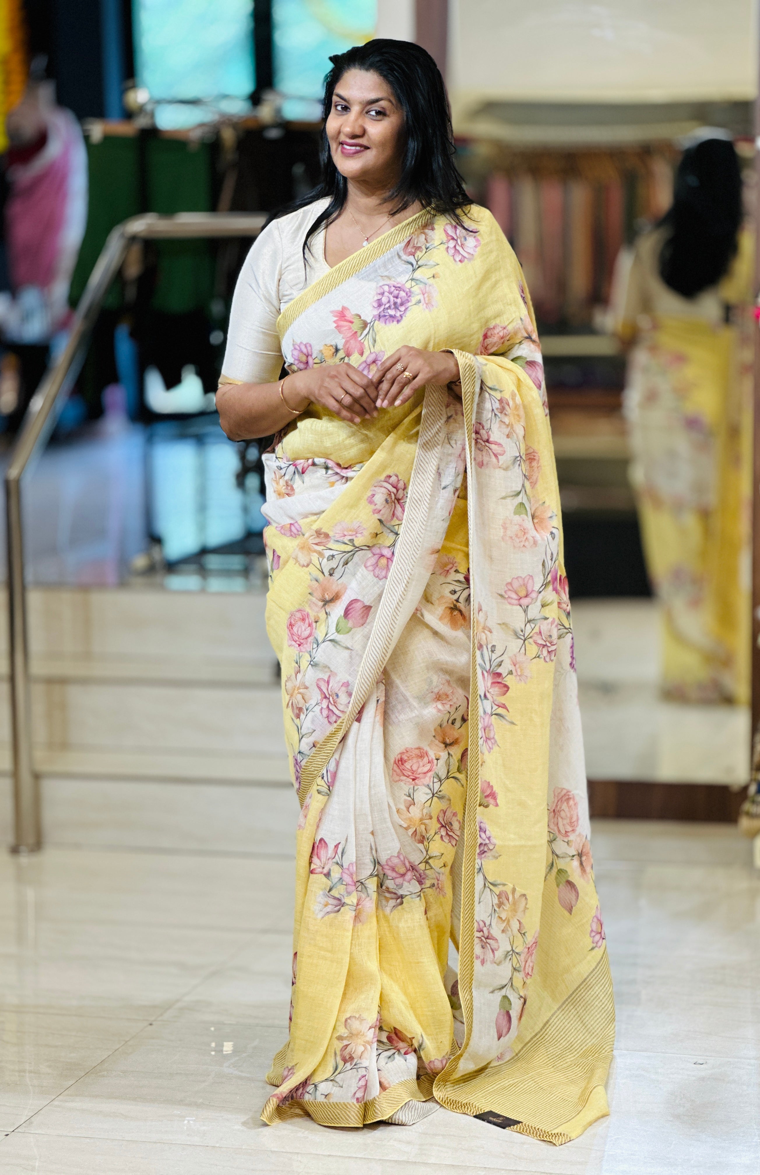Floral Digital Printed Pure Linen Saree | RGD698