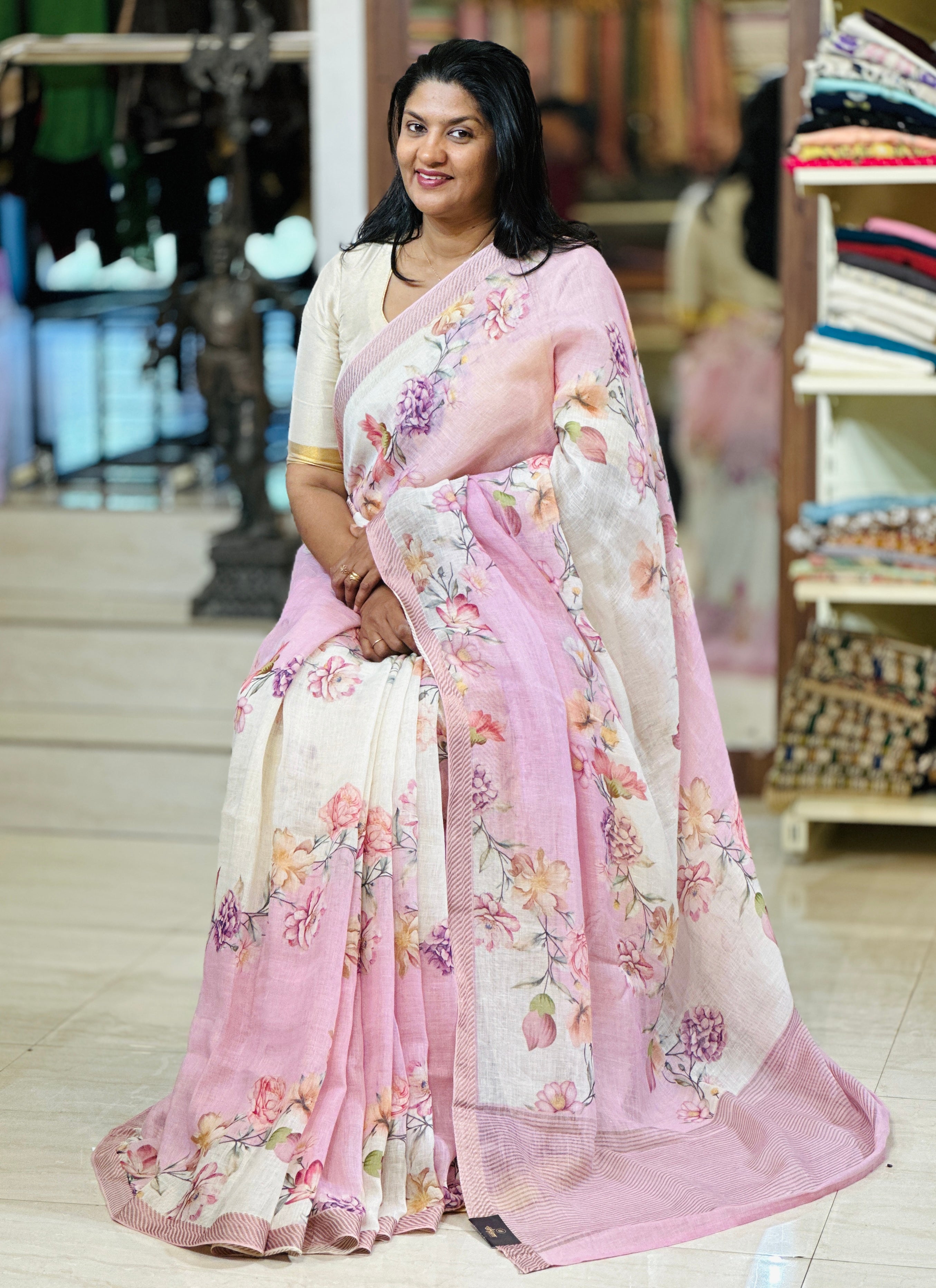 Floral Digital Printed Pure Linen Saree | RGD700