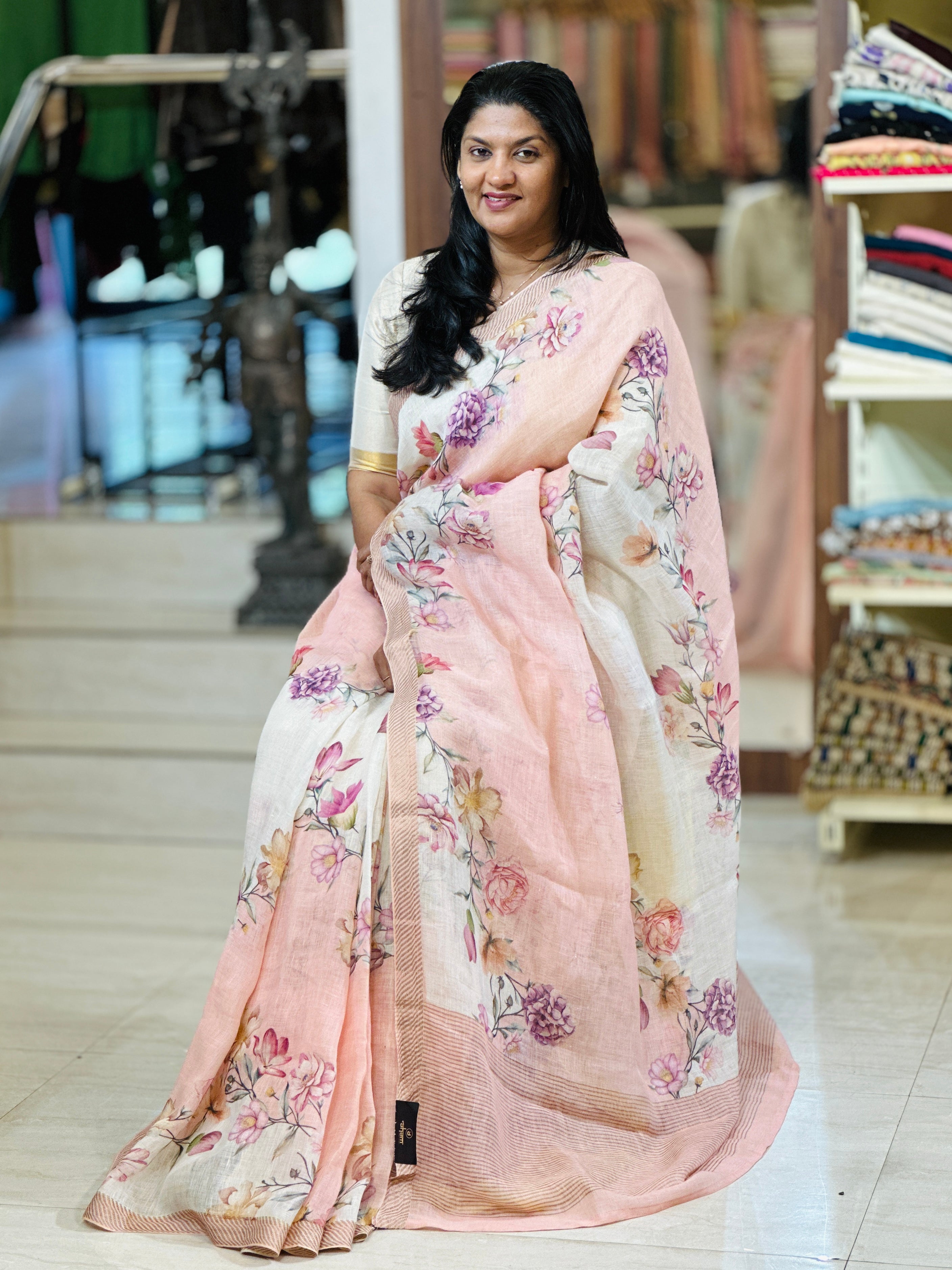 Floral Digital Printed Pure Linen Saree | RGD697