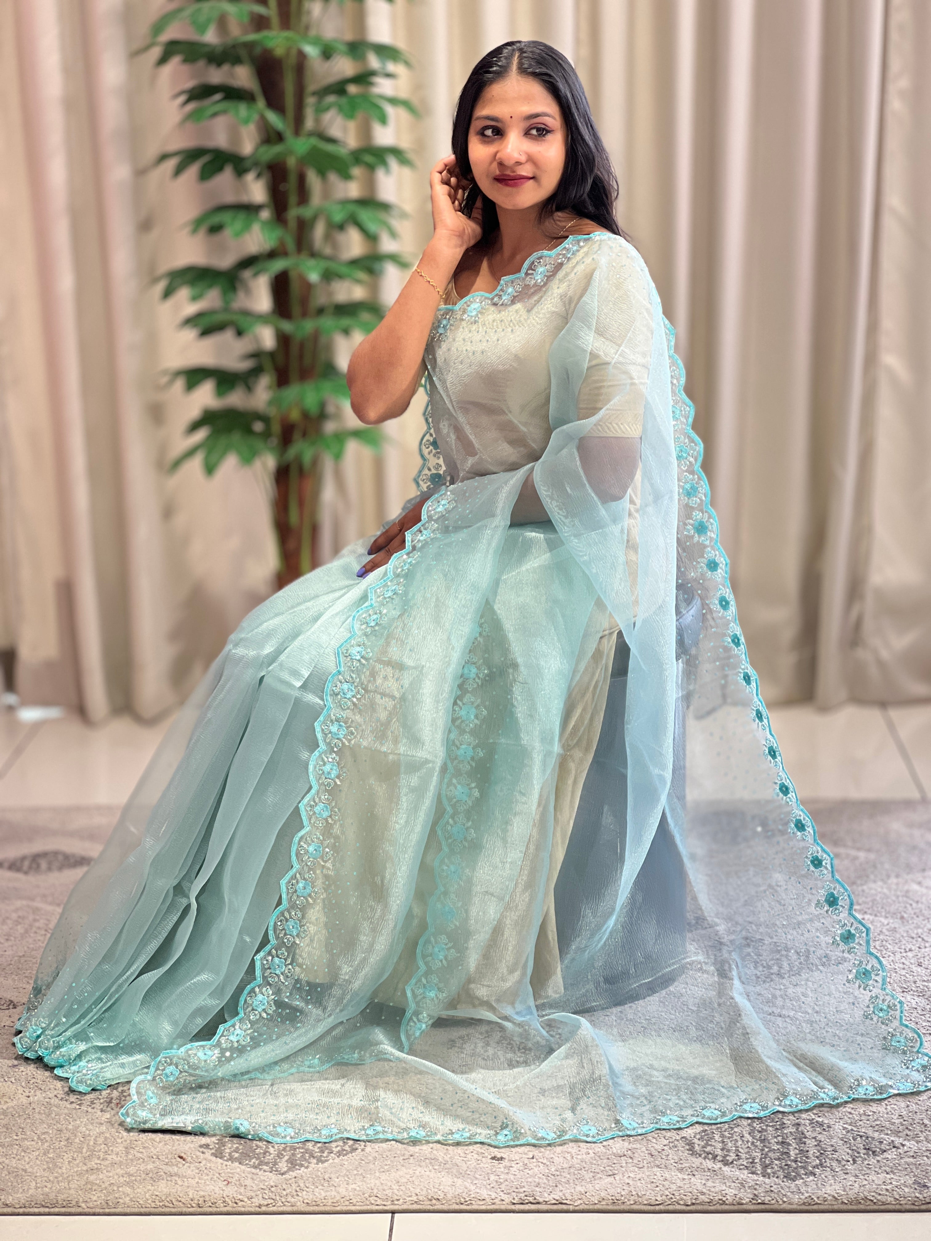 Embroidered Pattern Crushed Shimmer Organza Saree | SBP957