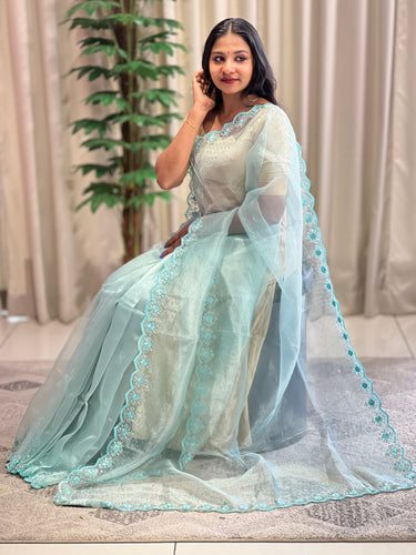 Embroidered Pattern Crushed Shimmer Organza Saree | SBP957