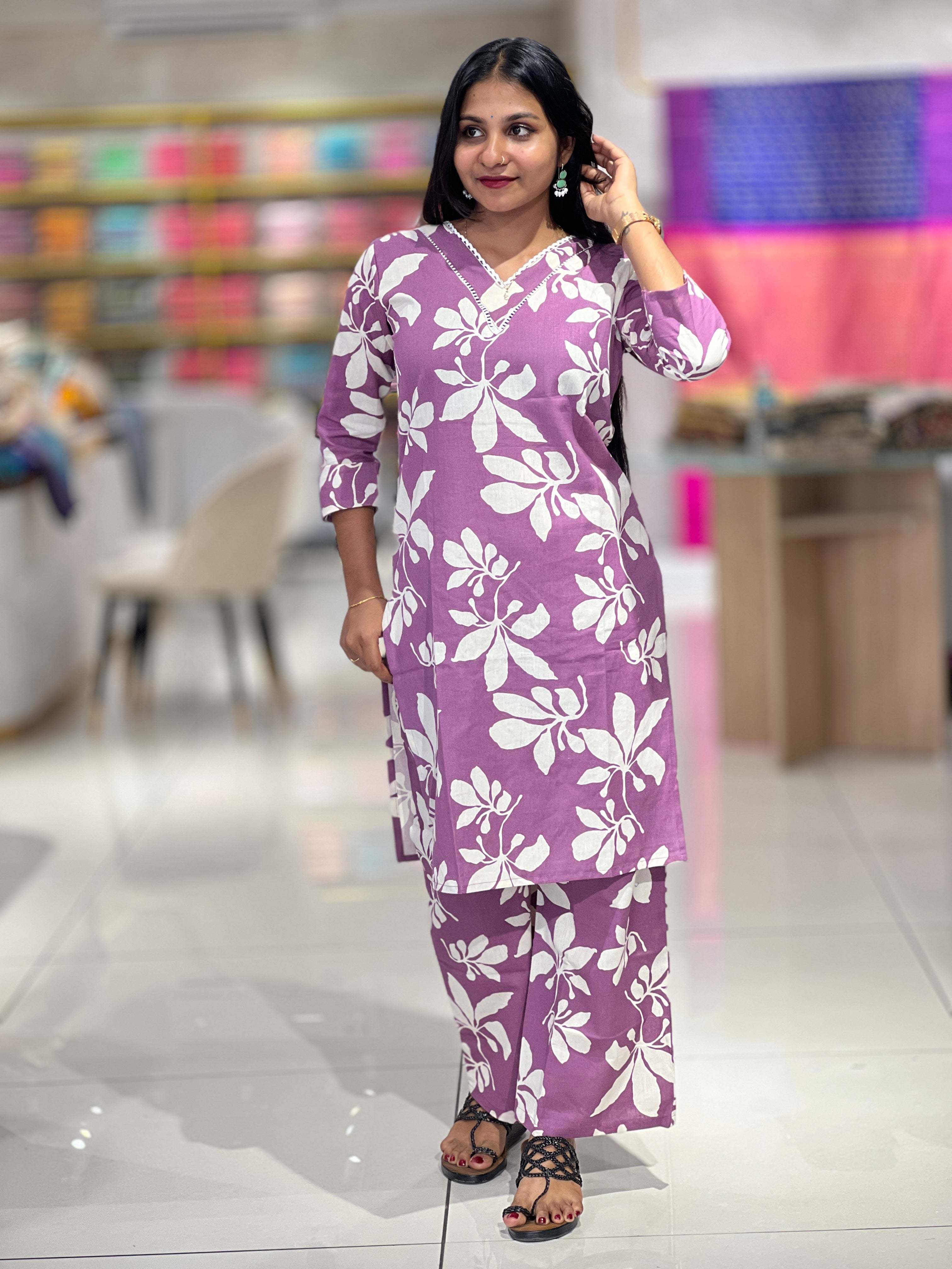 Floral Printed Pattern Cotton Kurta Set | VFD151