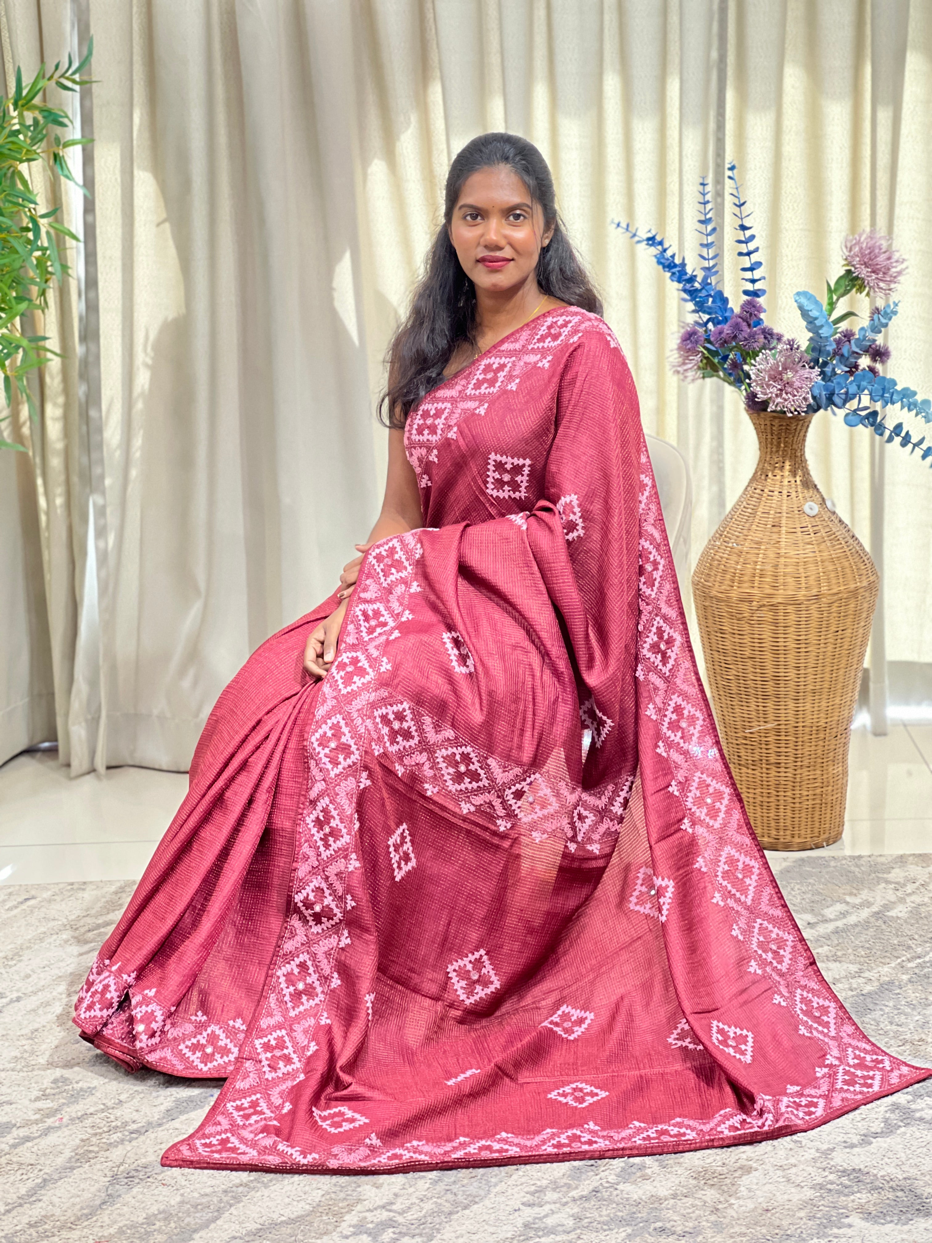Tissue Check Pattern Tussar Saree | SBS1459