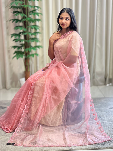 Embroidered Pattern Crushed Shimmer Organza Saree | SBP956