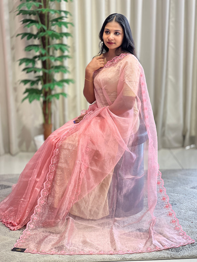 Embroidered Pattern Crushed Shimmer Organza Saree | SBP956