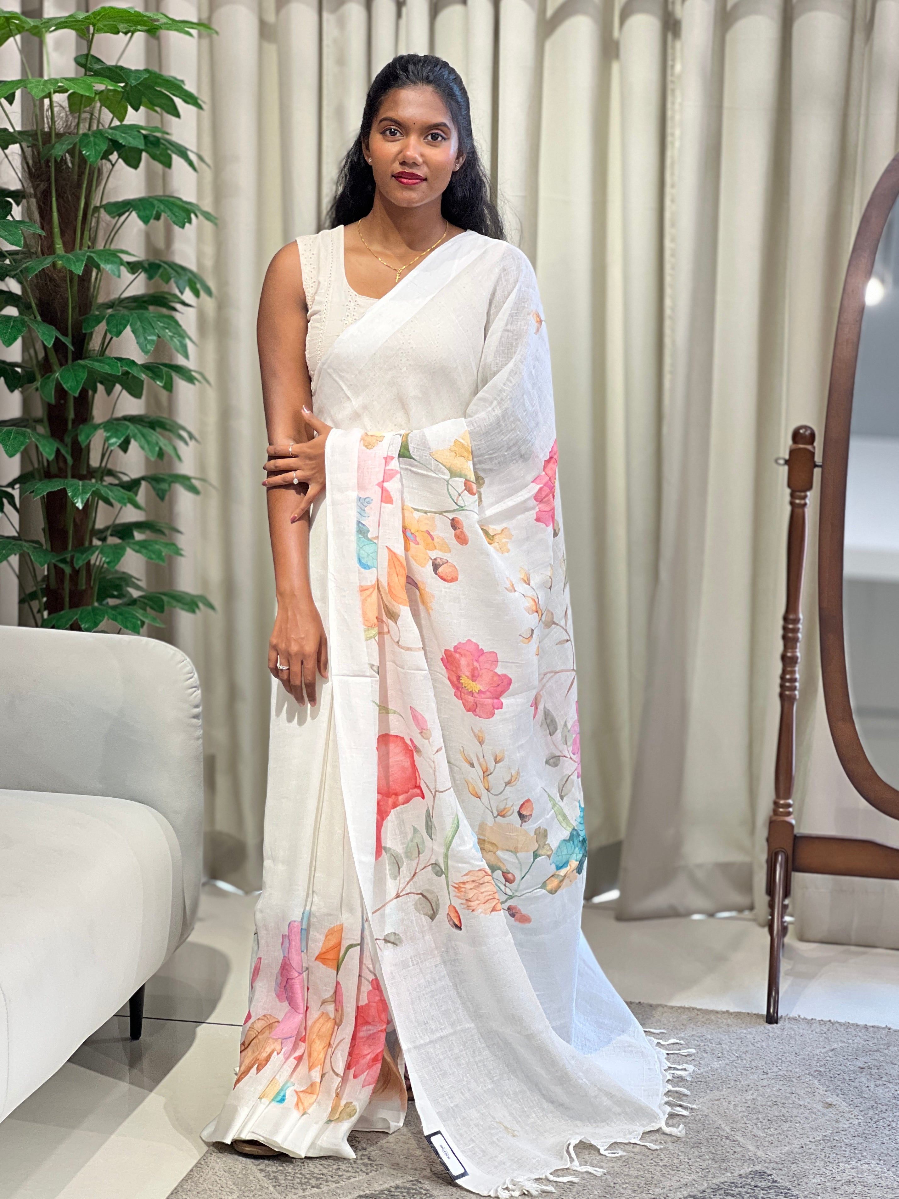 Floral Printed Linen Saree | MR410
