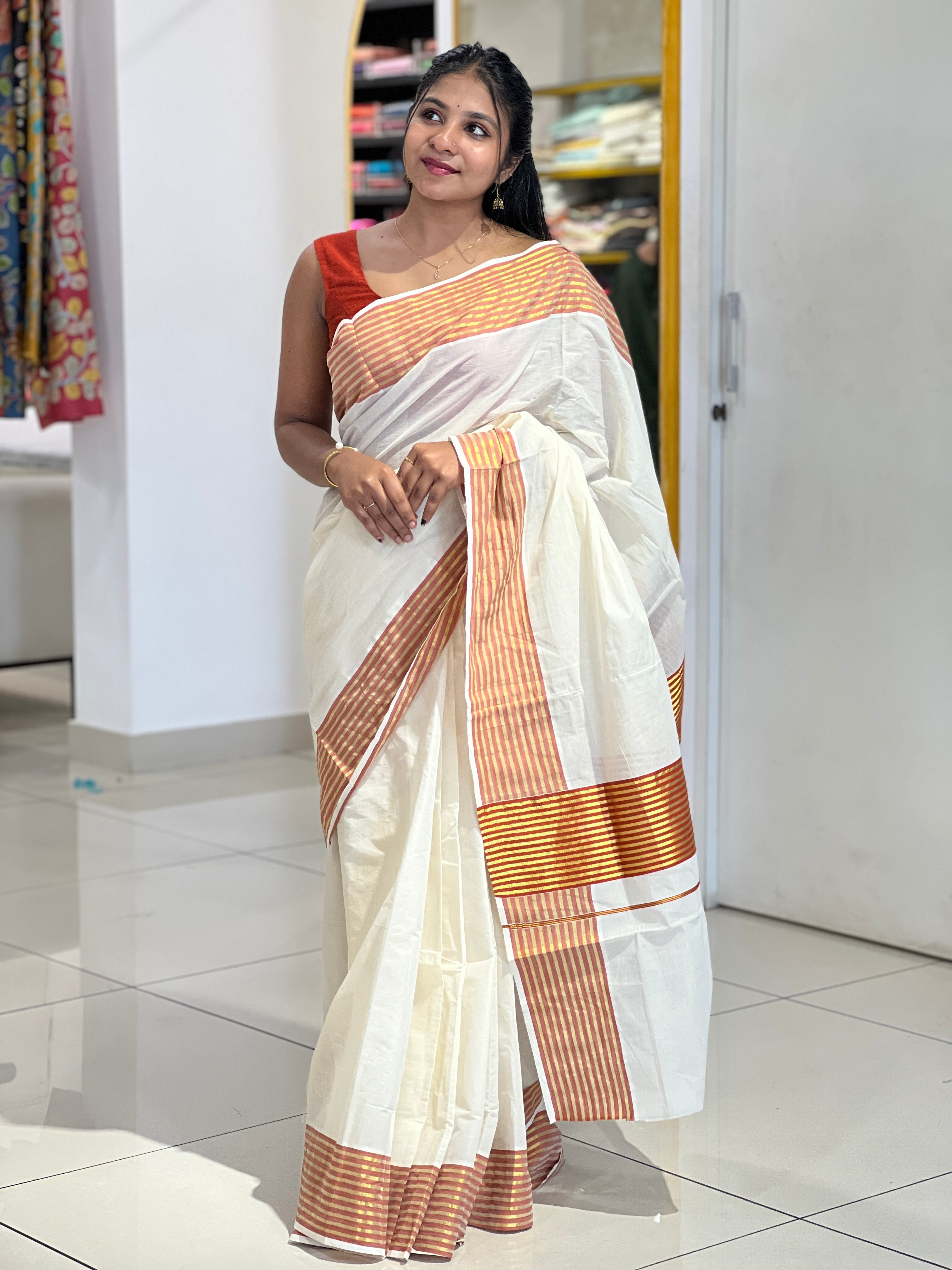 Stripes Detailed Kerala Cotton Saree | KL419
