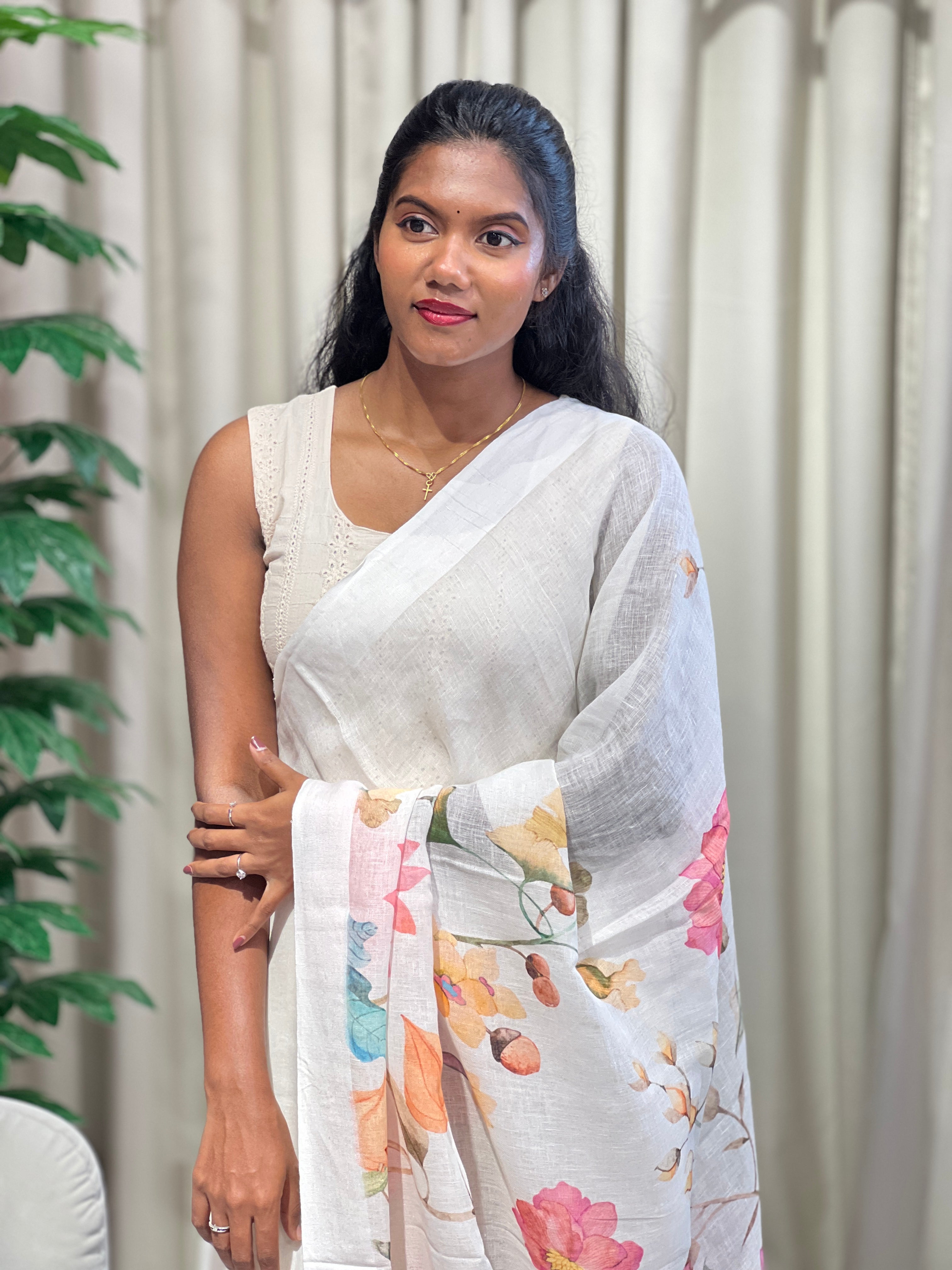 Floral Printed Linen Saree | MR410
