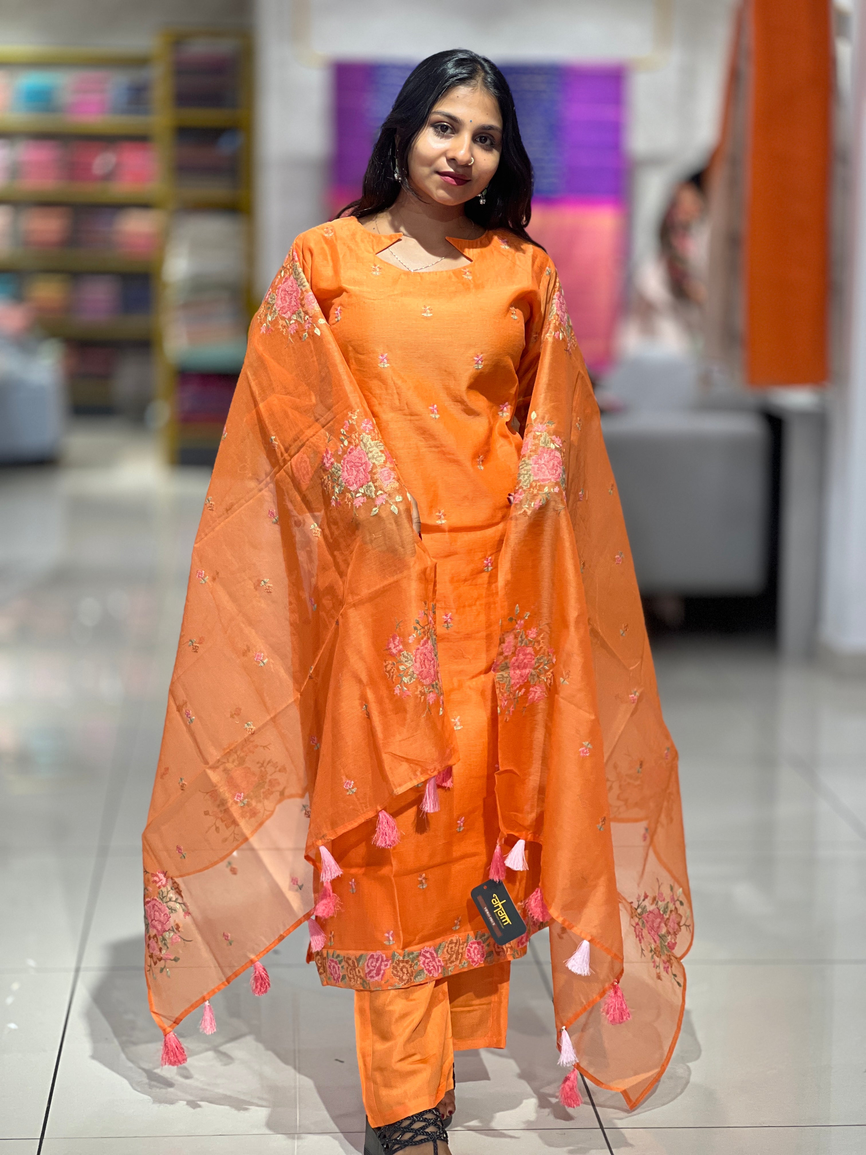Floral Cross Stitch Embroidered Supernet Kota Kurta Set | ROM108