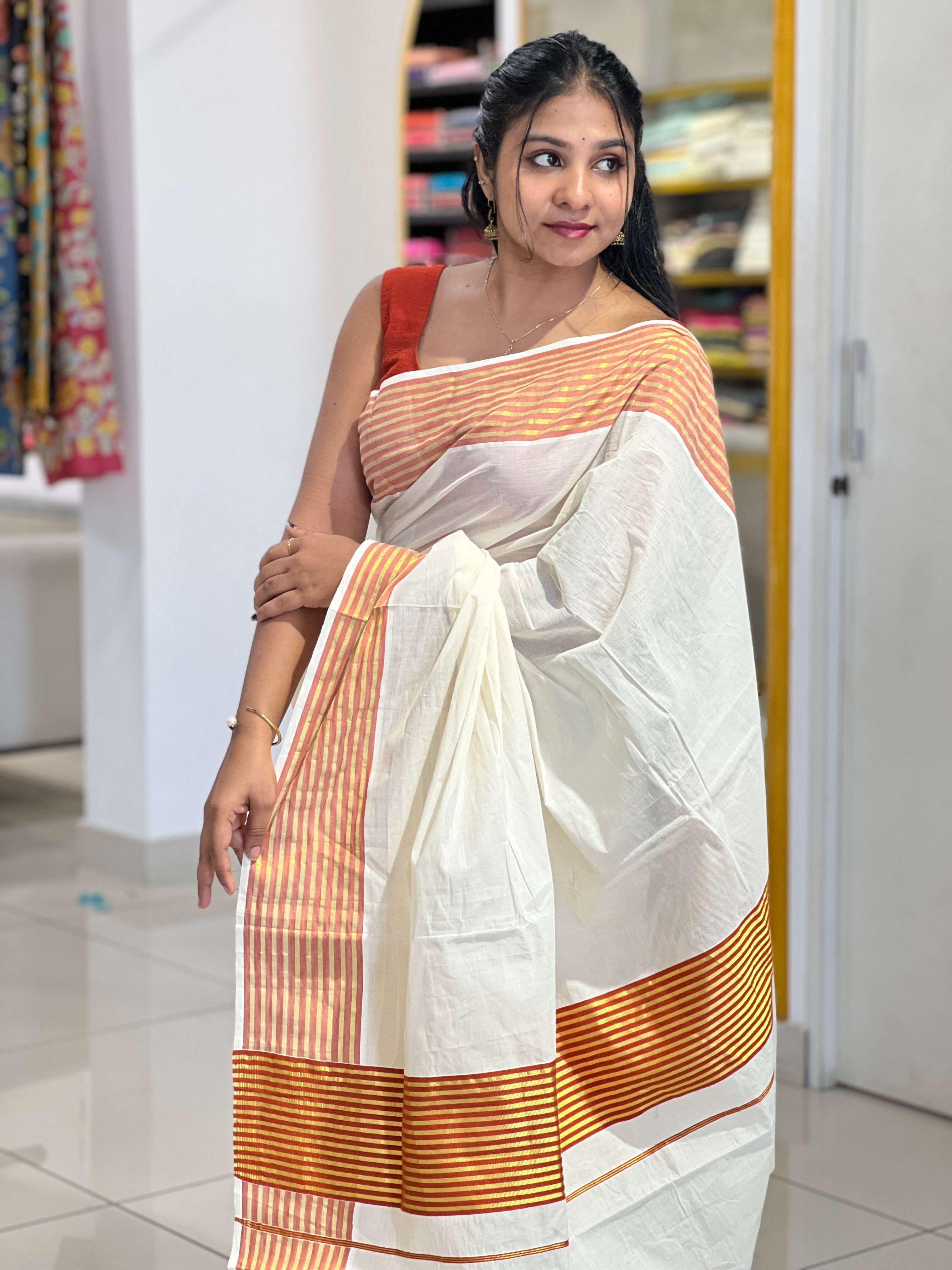 Stripes Detailed Kerala Cotton Saree | KL419