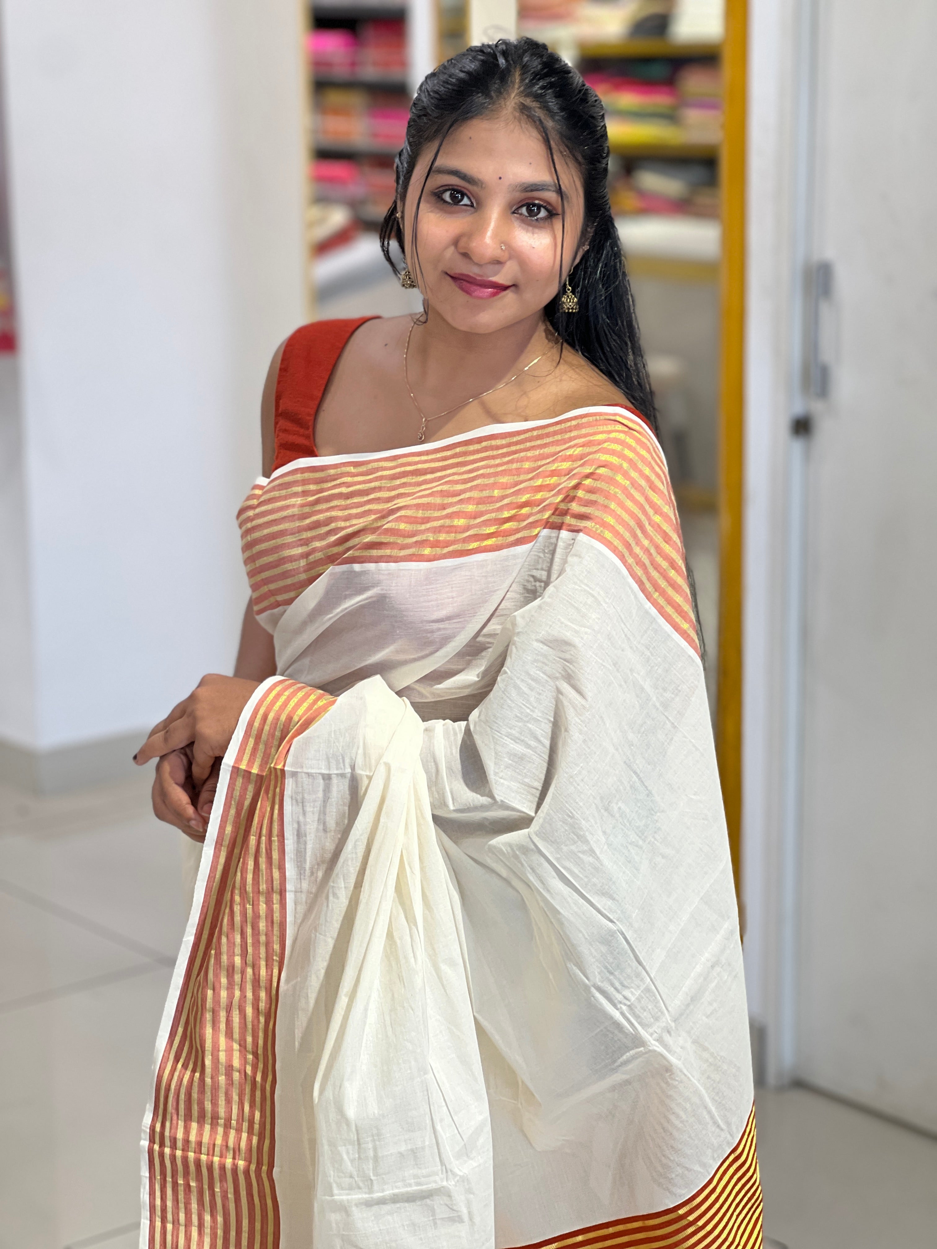 Stripes Detailed Kerala Cotton Saree | KL419