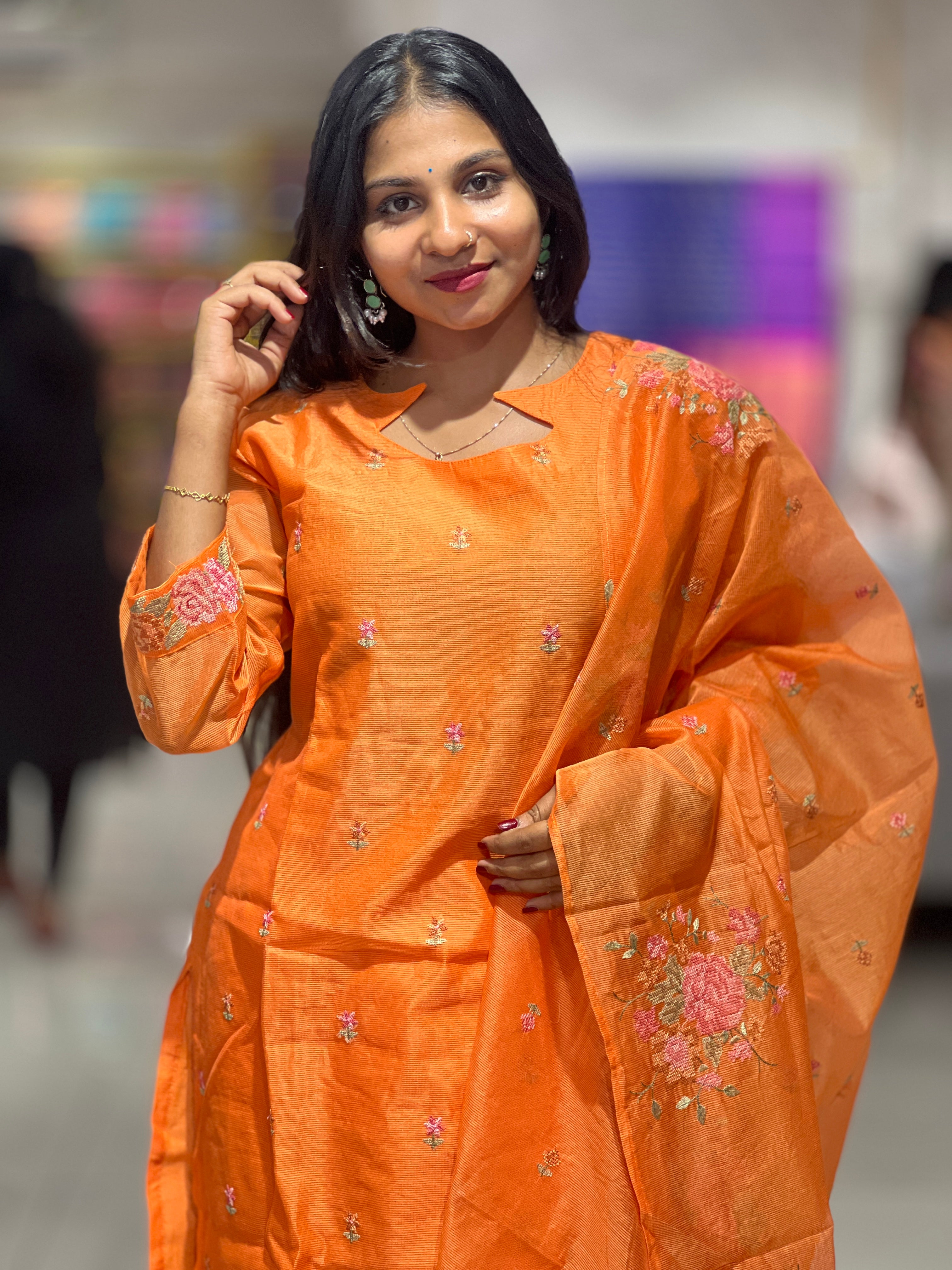 Floral Cross Stitch Embroidered Supernet Kota Kurta Set | ROM108