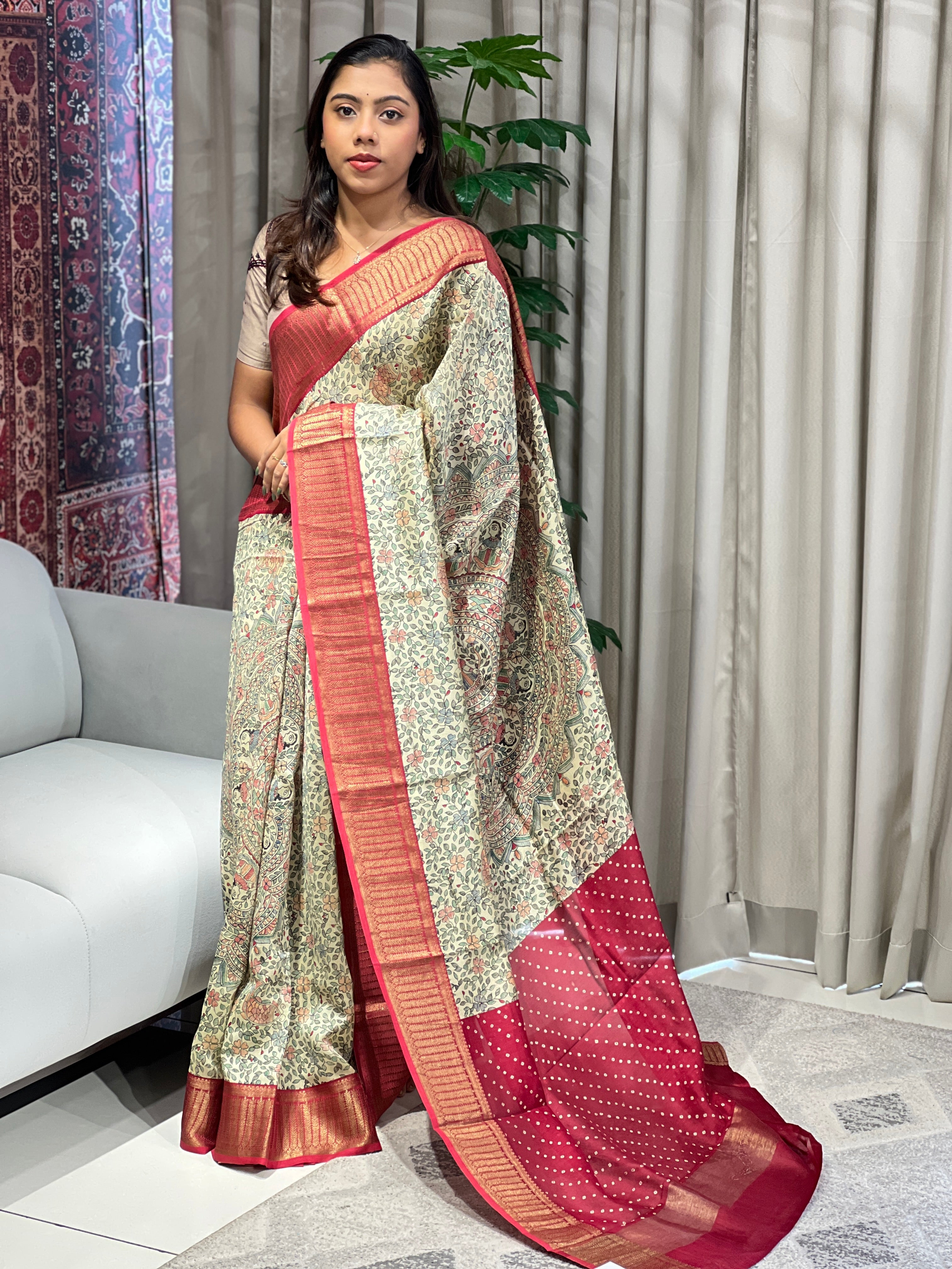 Madhubani & Bandhani Print Detailed Chanderi Saree | RGD967R