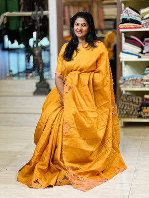 Twine Cut Work With Floral Embroidery Placement Detailed Tussar Silk Saree | TC435