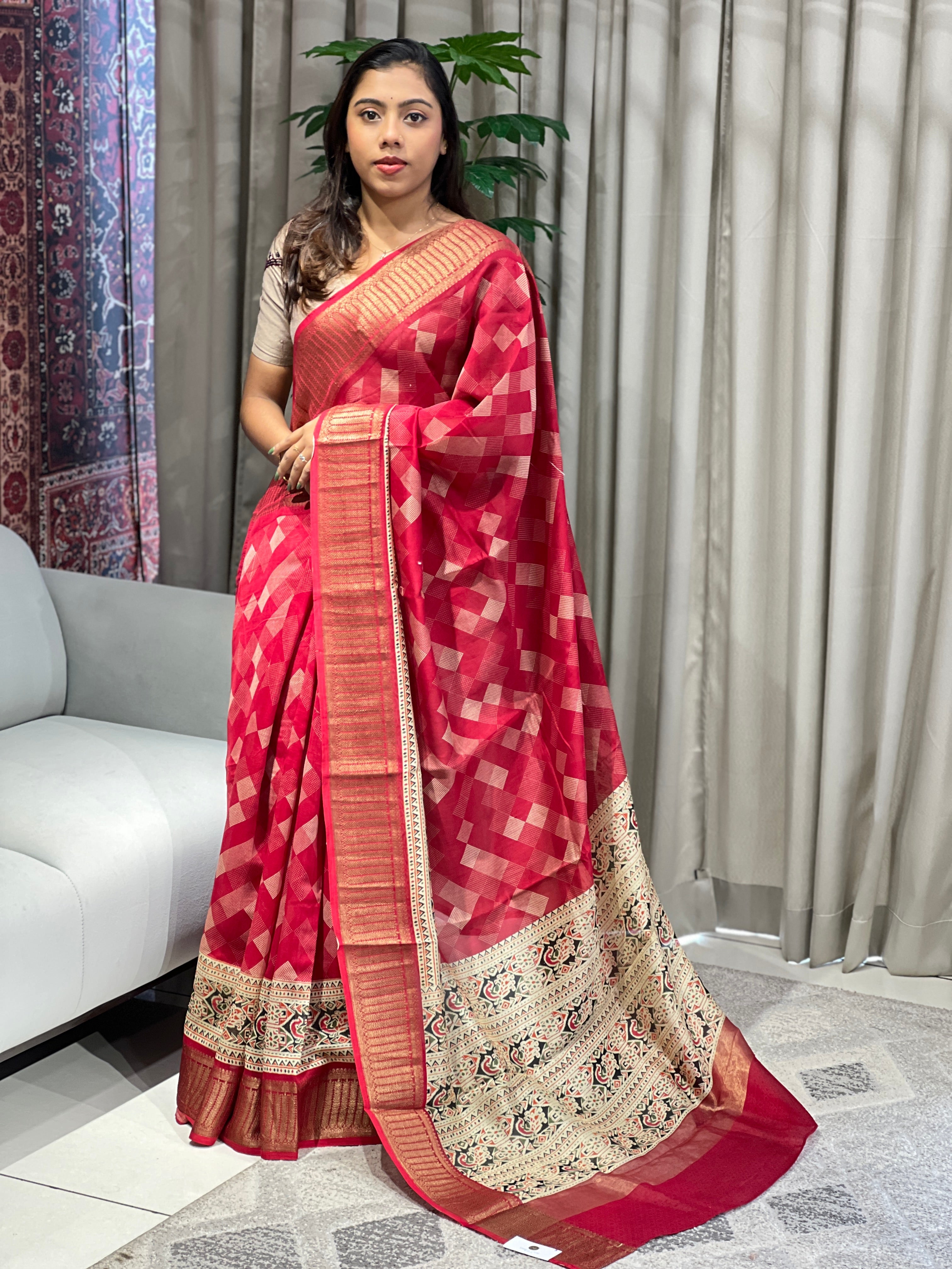 Geometric Printed Chanderi Saree | RGD966R
