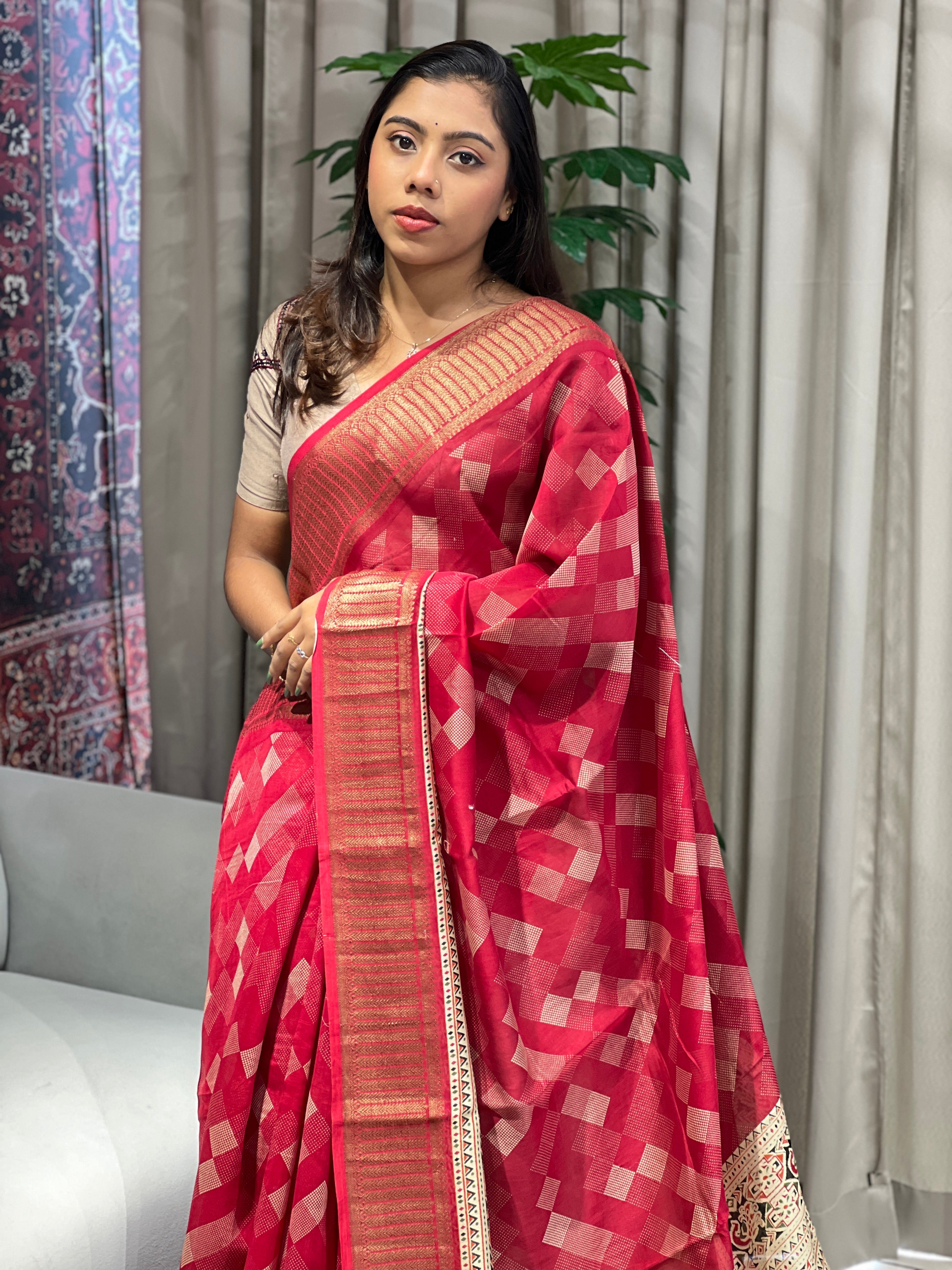 Geometric Printed Chanderi Saree | RGD966R