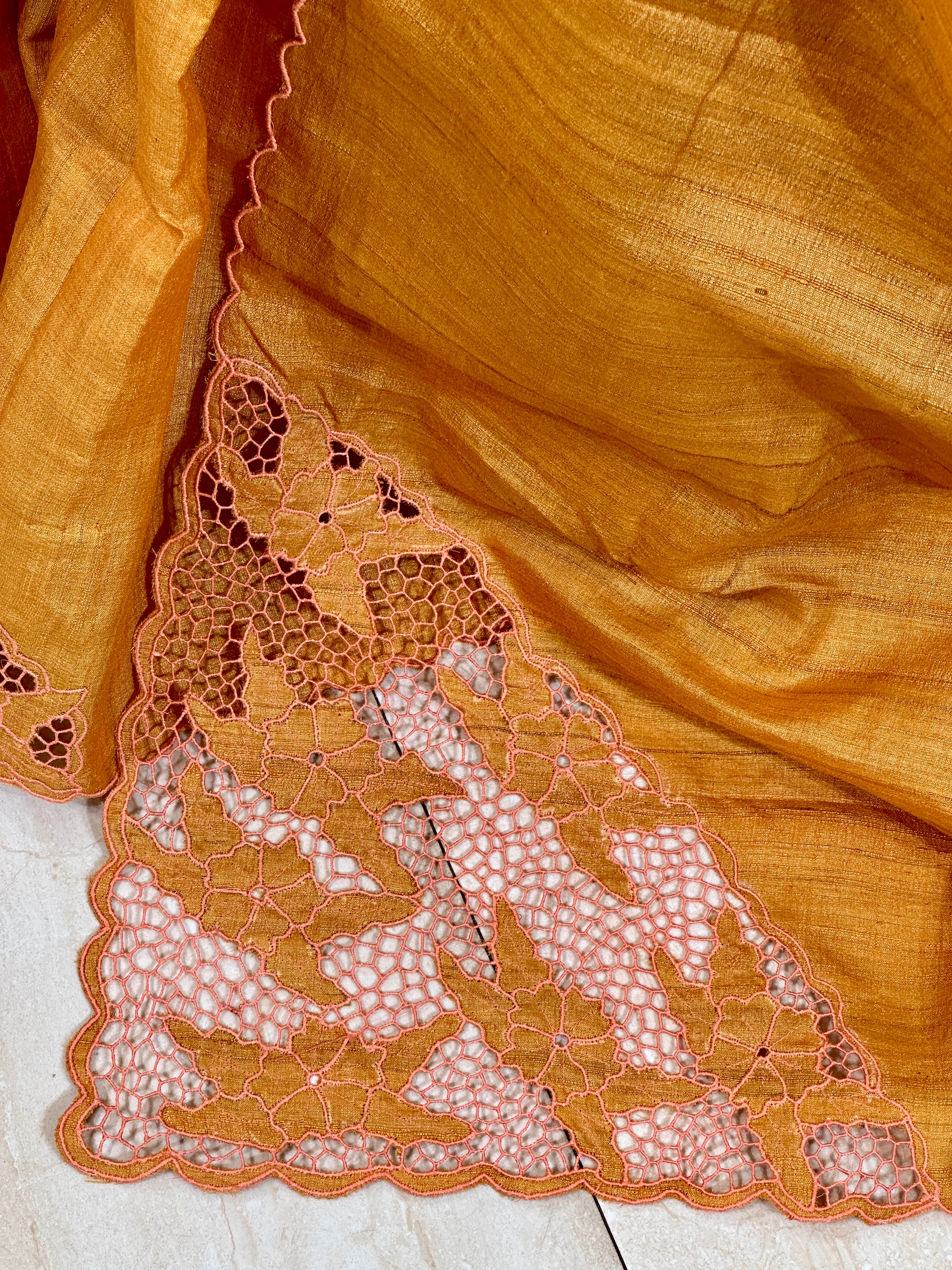 Twine Cut Work With Floral Embroidery Placement Detailed Tussar Silk Saree | TC435