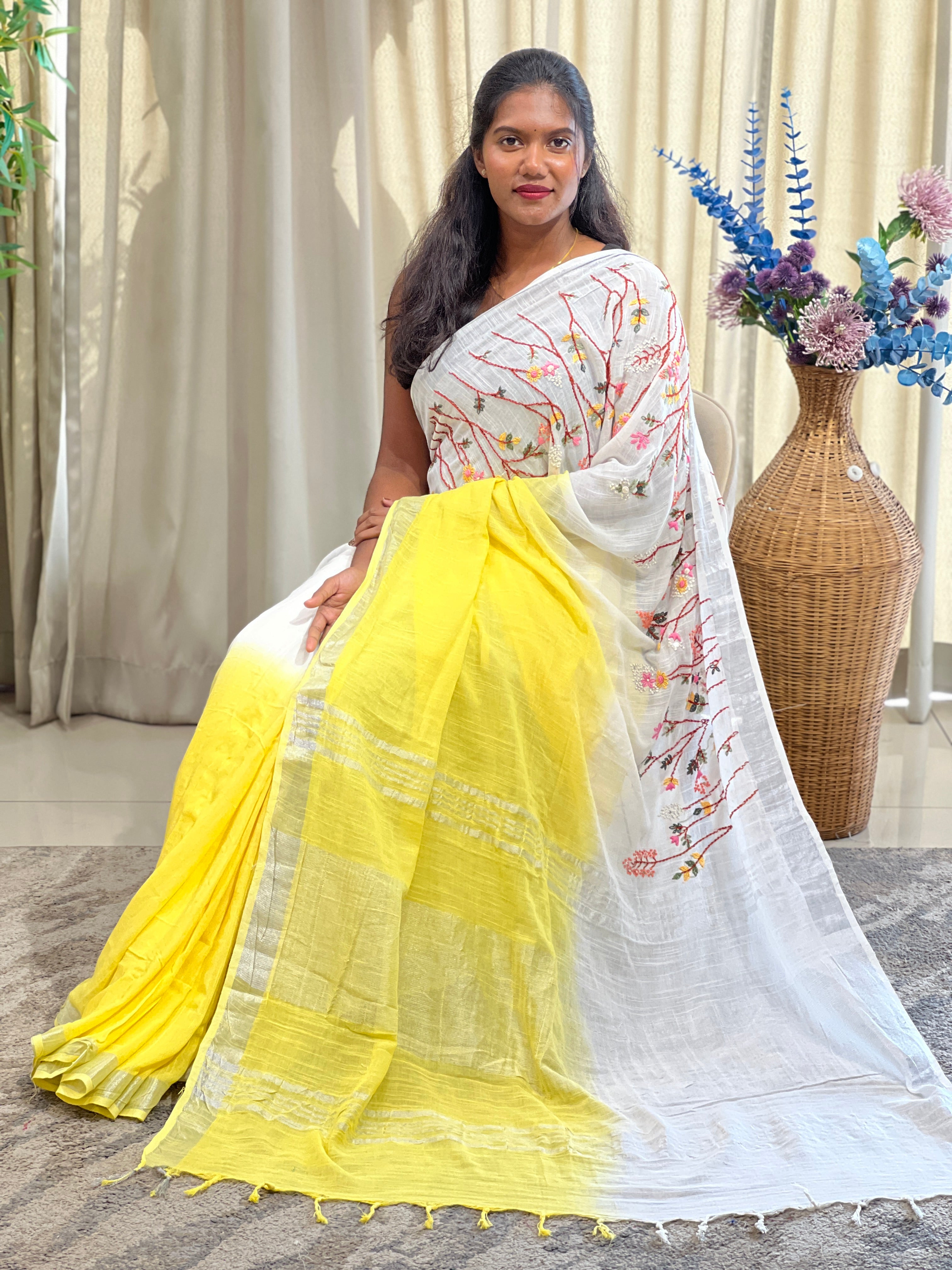 Hand Embroidered Bhagalpuri Linen Saree | RP877