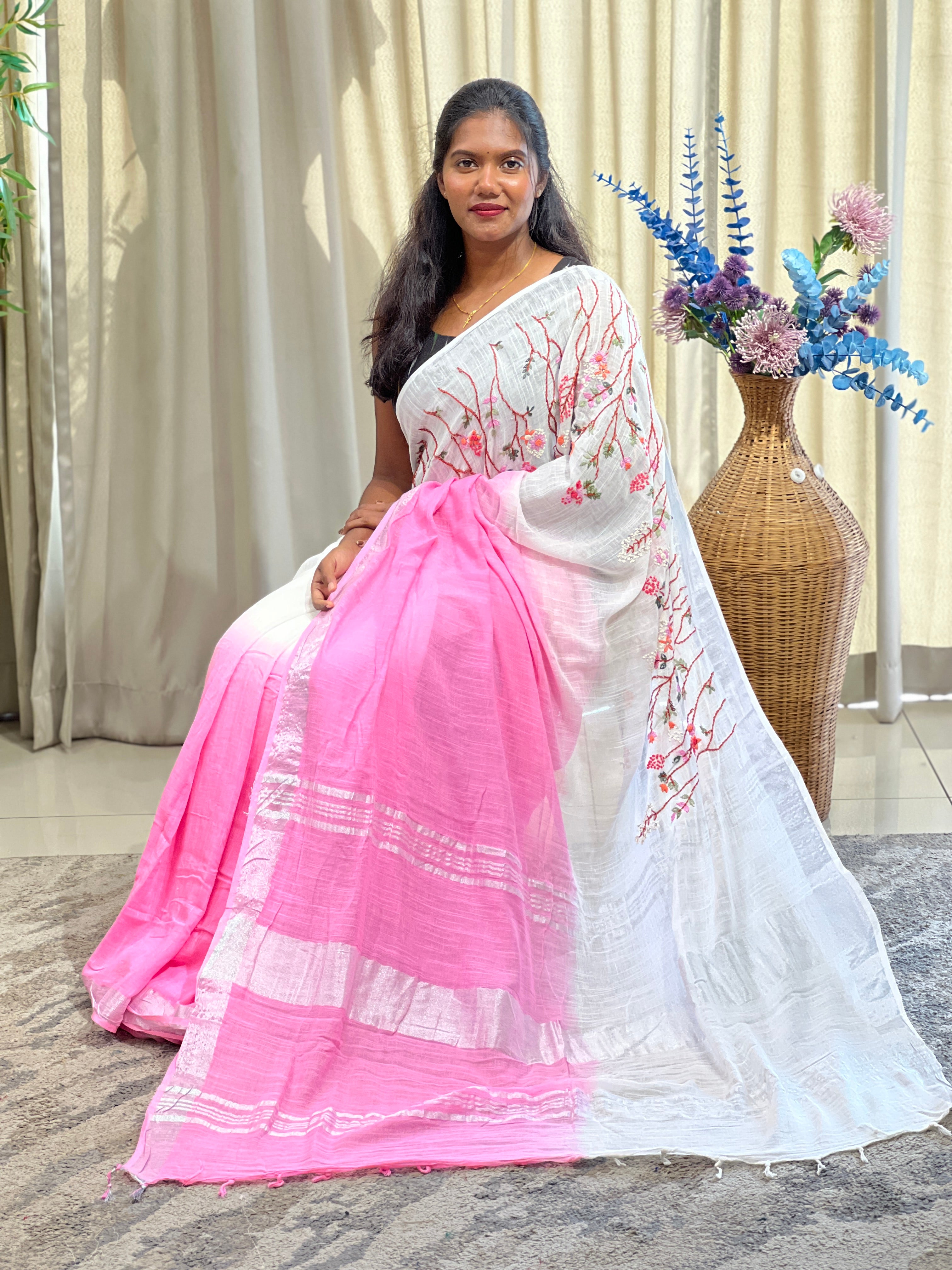 Hand Embroidered Bhagalpuri Linen Saree | RP880
