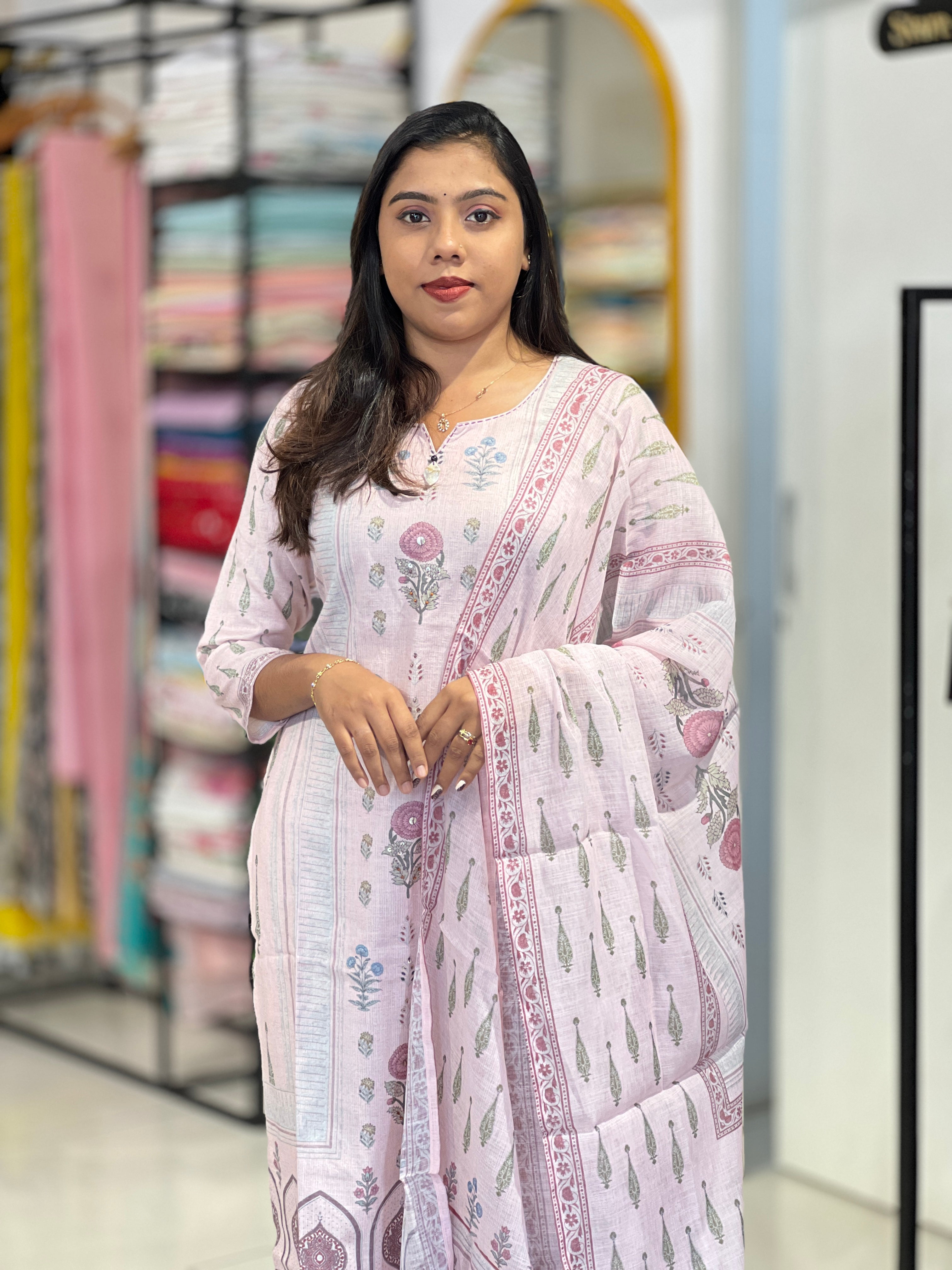 Floral Printed Pattern Linen Cotton Kurta Set | OMF200