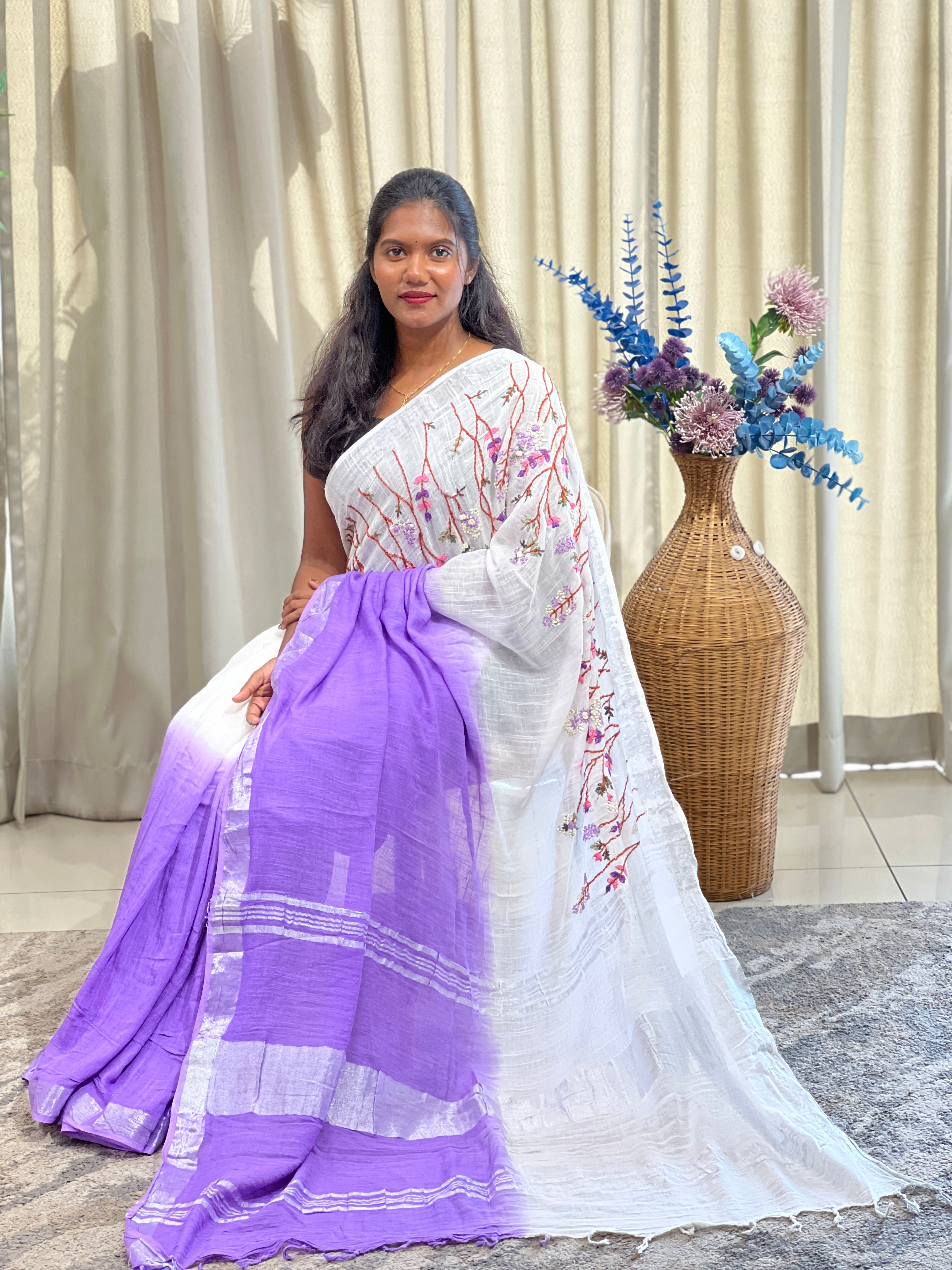 Hand Embroidered Bhagalpuri Linen Saree | RP878