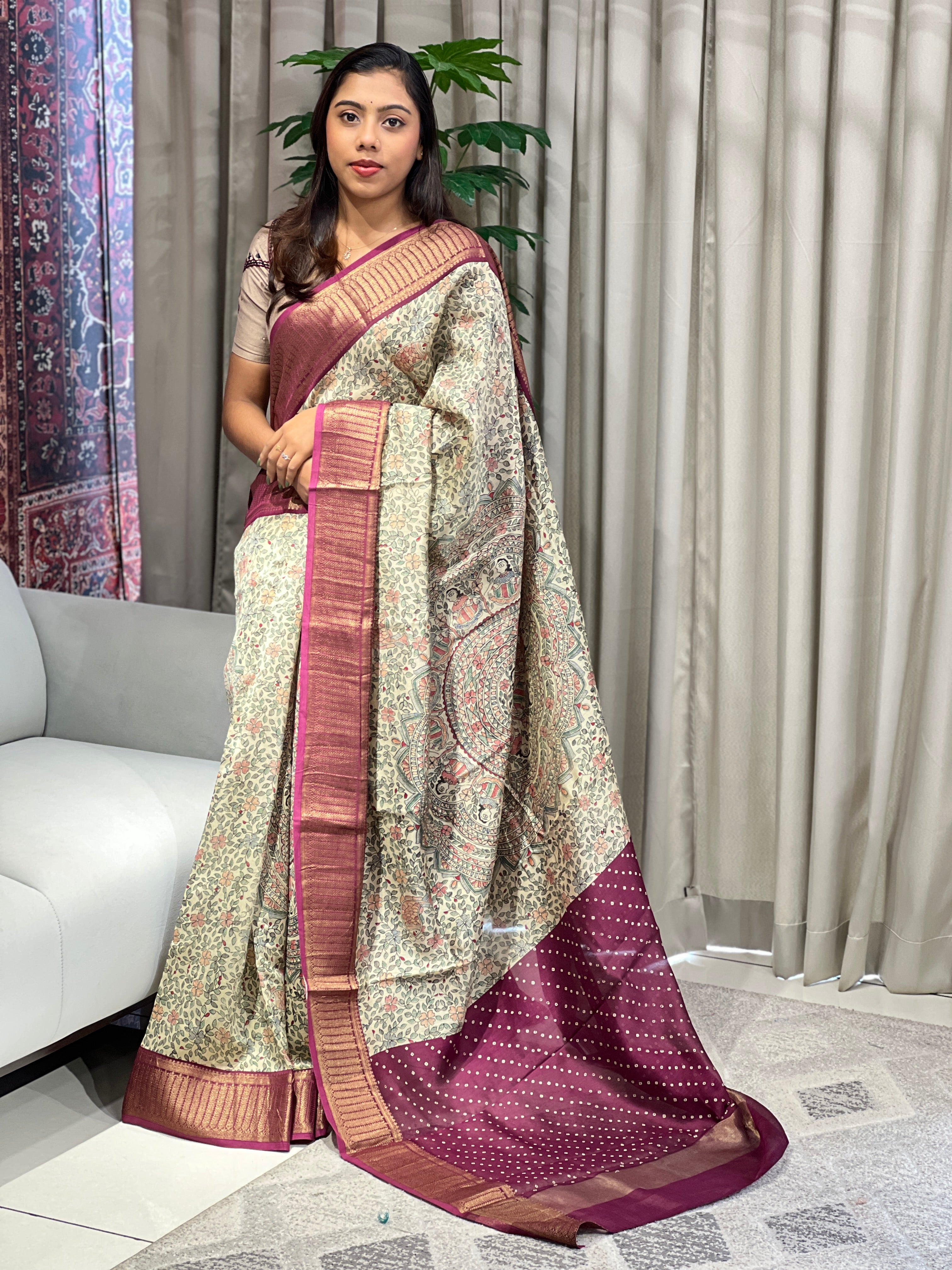 Madhubani & Bandhani Print Detailed Chanderi Saree | RGD956R