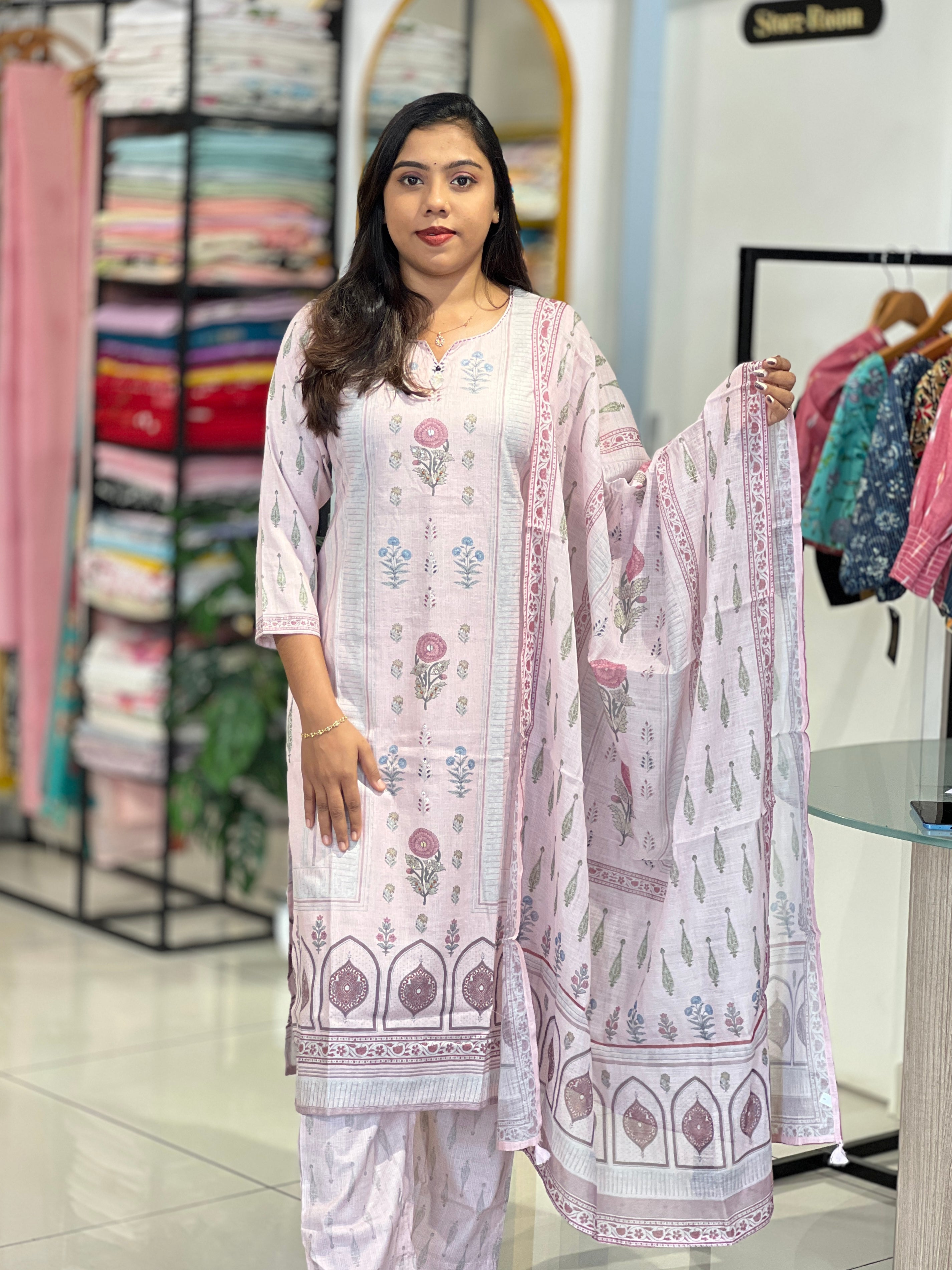 Floral Printed Pattern Linen Cotton Kurta Set | OMF200