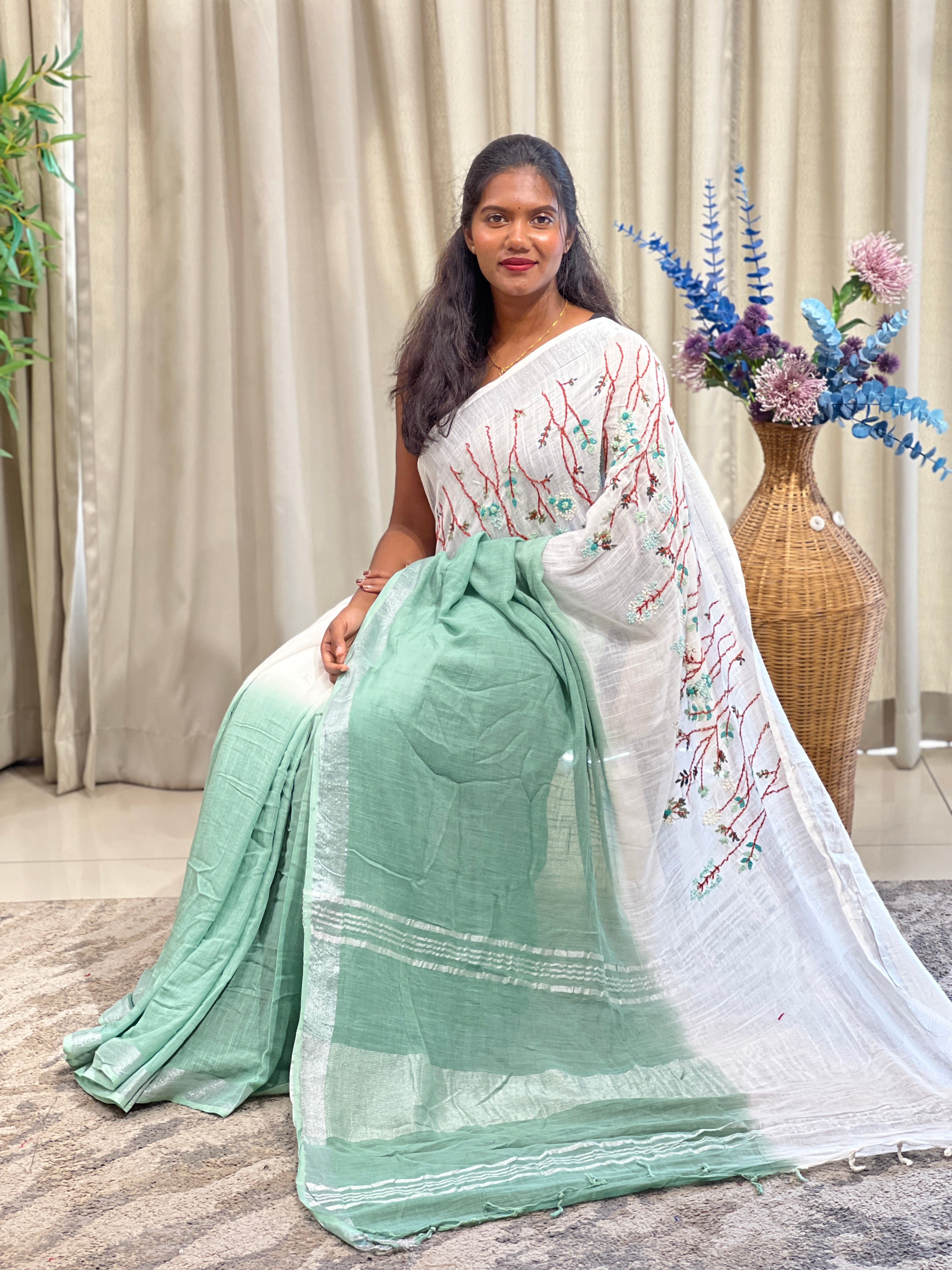 Hand Embroidered Bhagalpuri Linen Saree | RP879